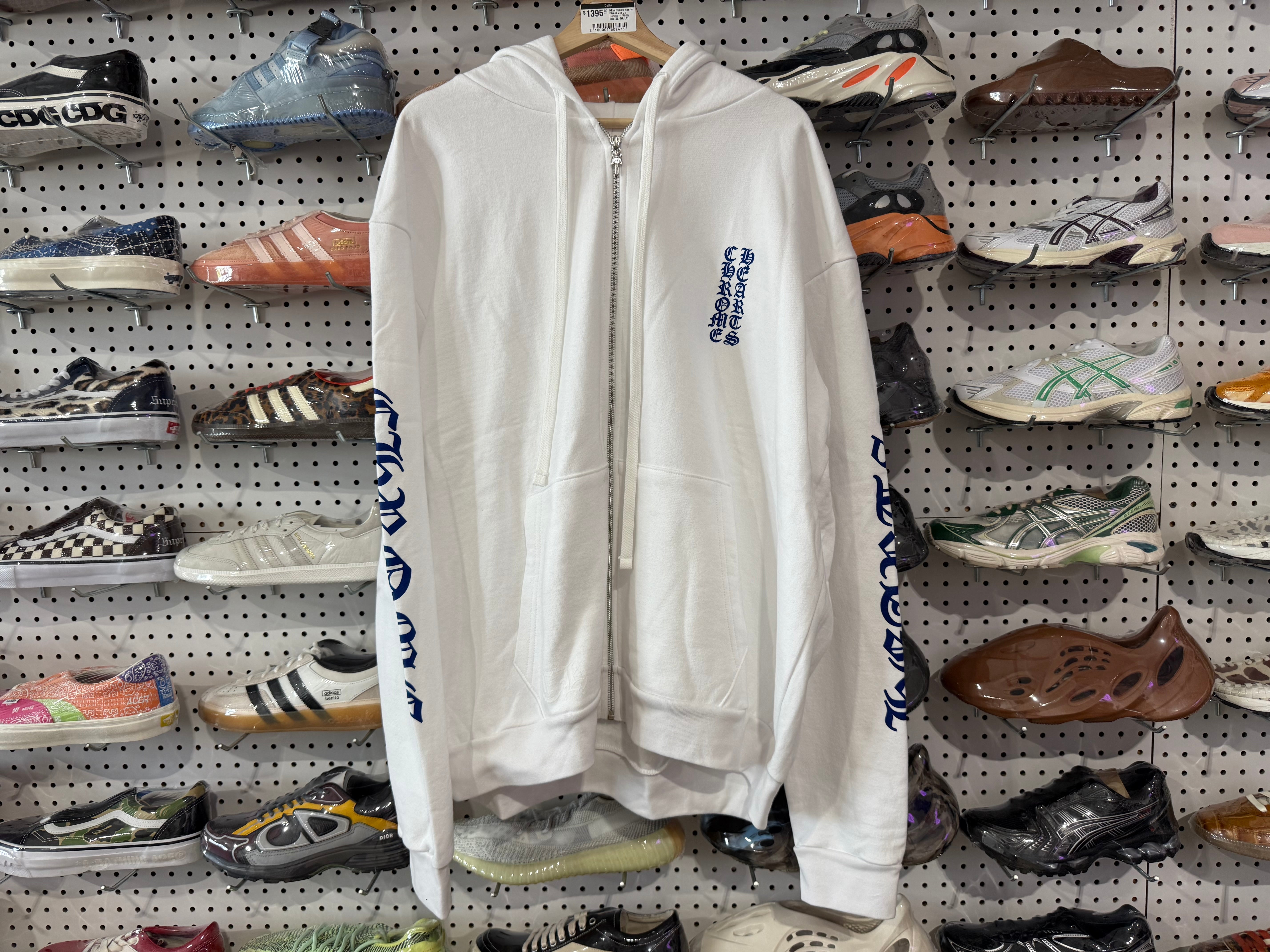 NEW Chome Hearts Fleece Zip Up Hoodie - White/Blue Size XL