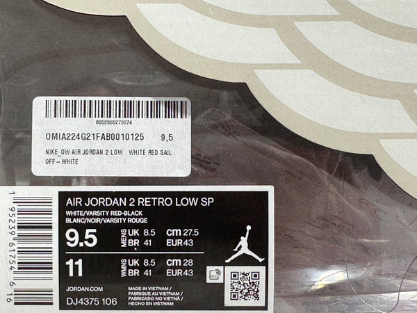 Air Jordan 2 Retro Low SP - Off-White White Red Size 9.5
