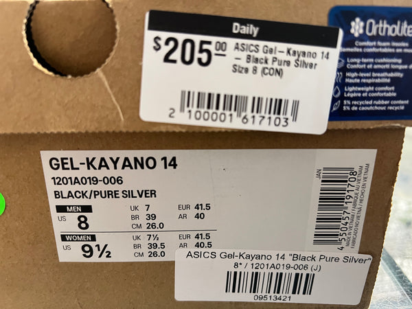 ASICS Gel-Kayano 14 - Black Pure Silver Size 8