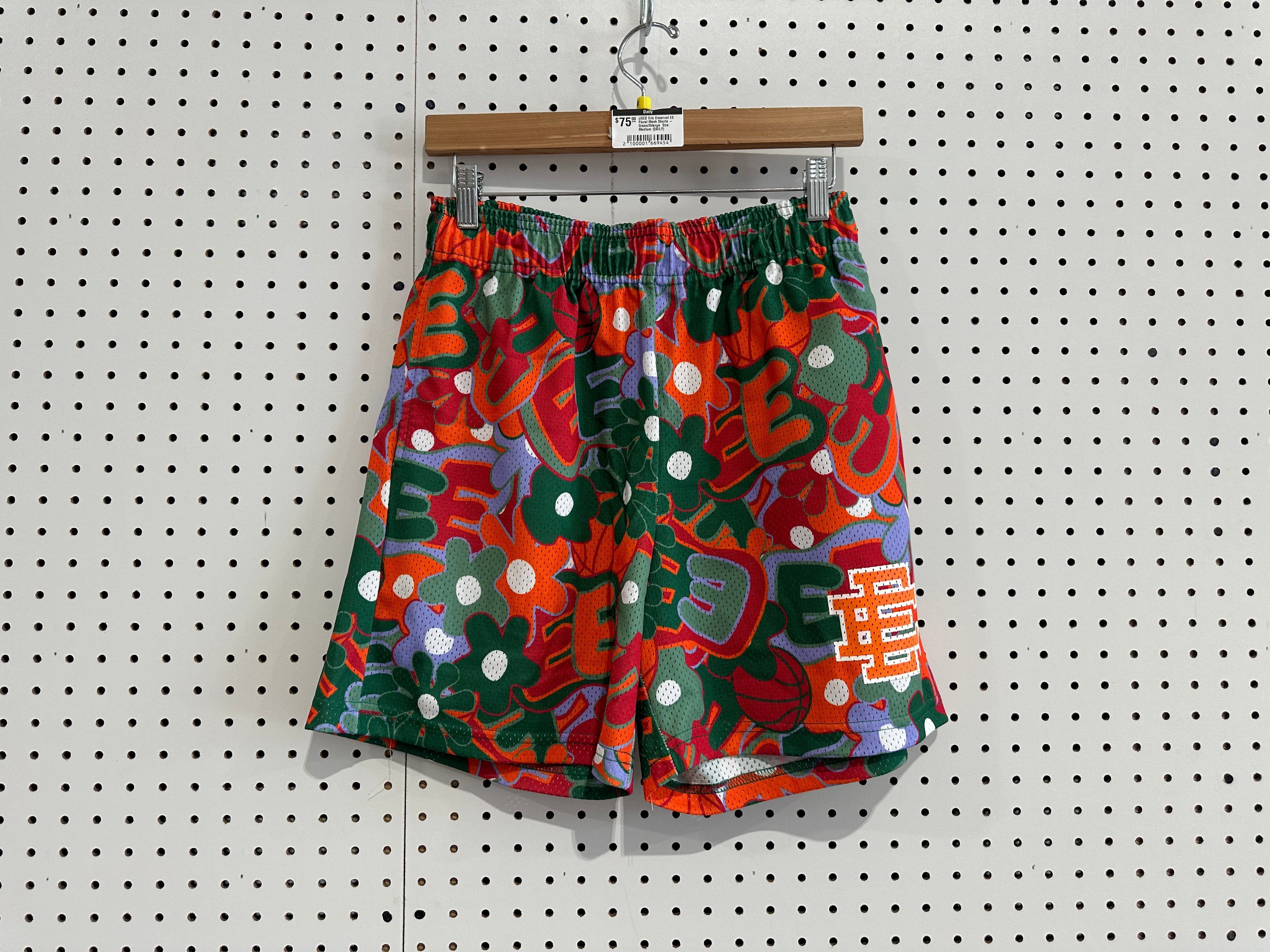 USED Eric Emanuel EE Floral Mesh Shorts - Green/Orange  Size Medium