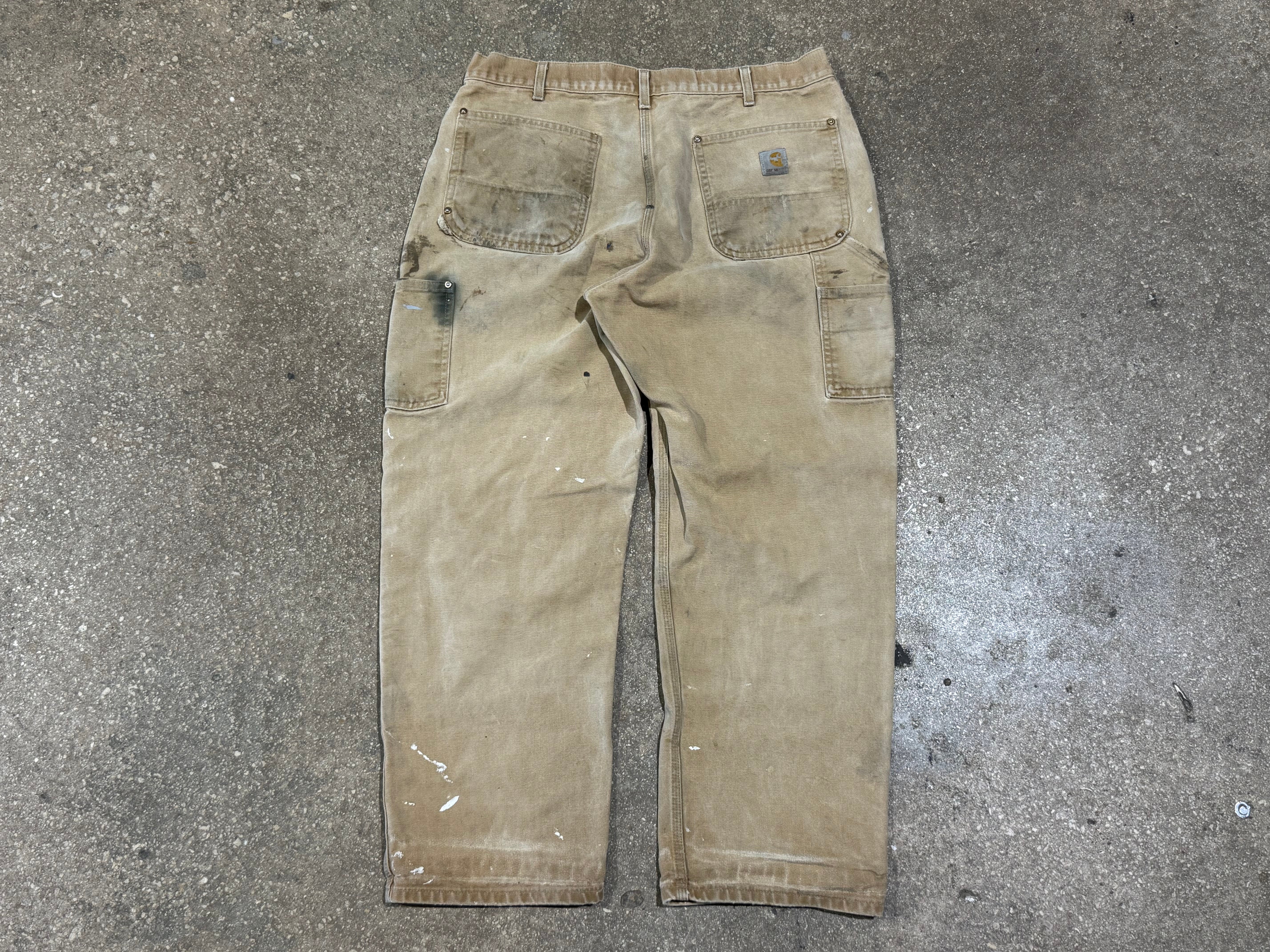 USED Distressed Carhartt Double Knee Carpenter Pants - Faded Khaki Size 36x29
