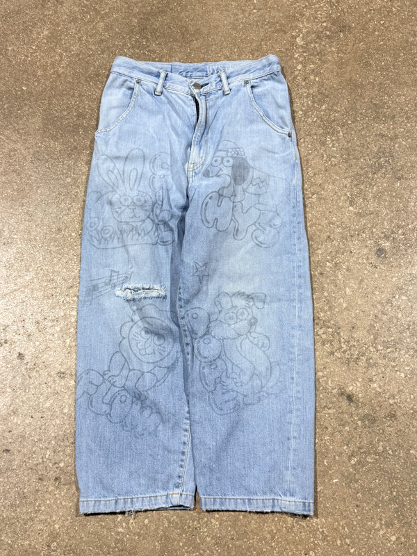 2000s Hysteric Glamour Kinky Jeans Cartoon Grapic Wide Leg - Blue Size 27