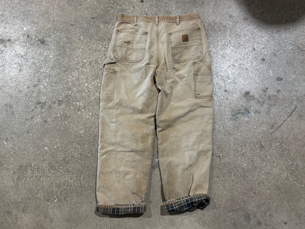 USED Carharrt Distressed Plaid Lined Carpenter Pants - Khaki Size 34x30
