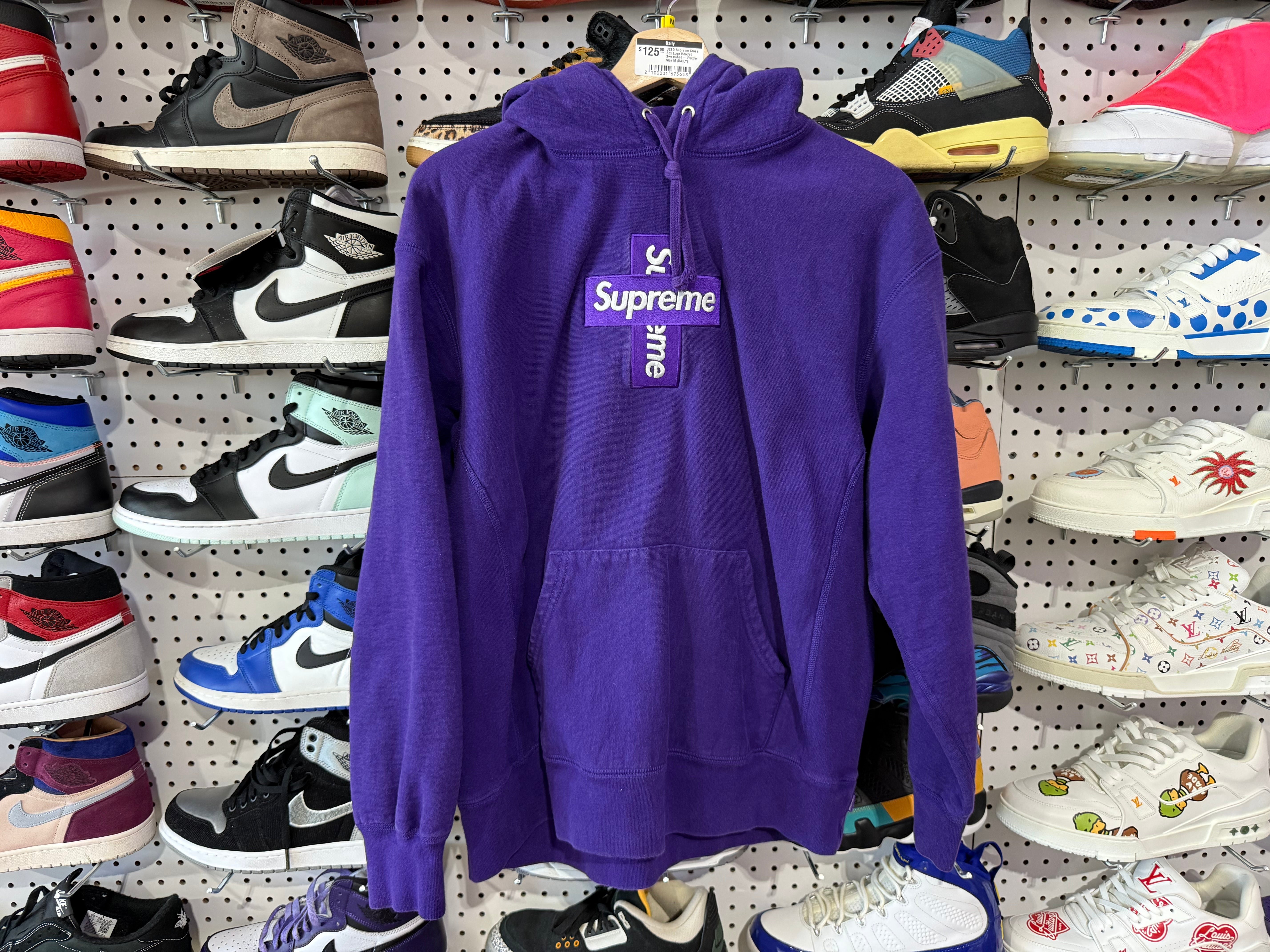 USED Supreme Cross Box Logo Hooded Sweatshirt - Purple Size Medium