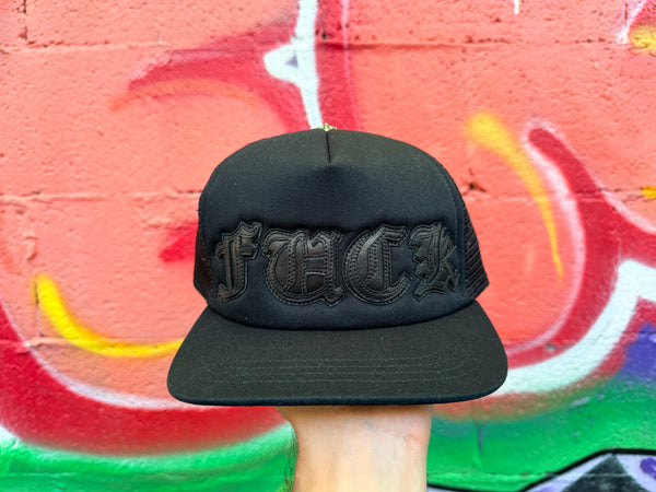 NEW Chrome Hearts FUCK Leather Patch Trucker Hat - Black