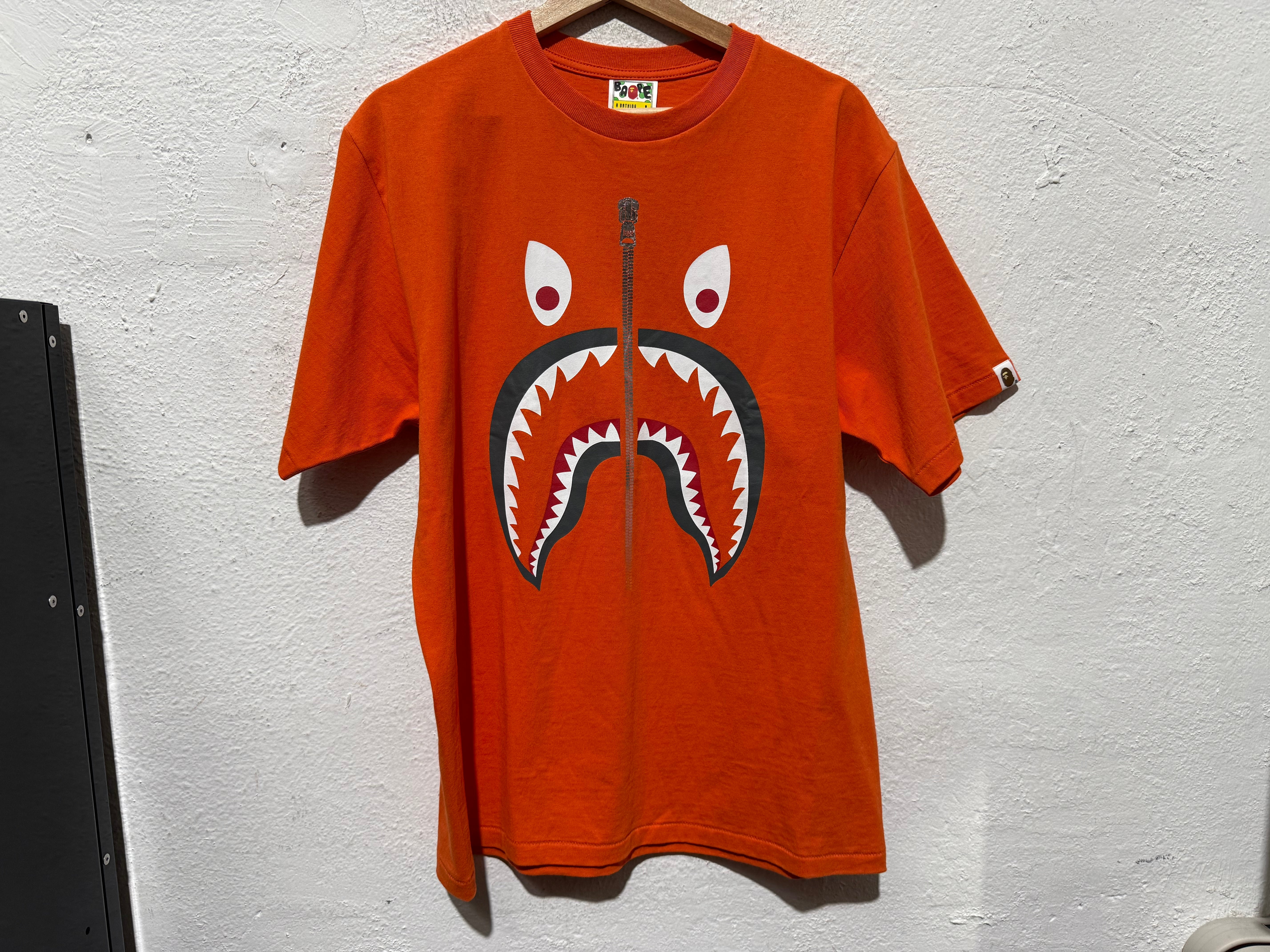 USED Bape Shark Zipper Tee - Orange Size LargeUSED Bape Shark Zipper Tee - Orange Size Large