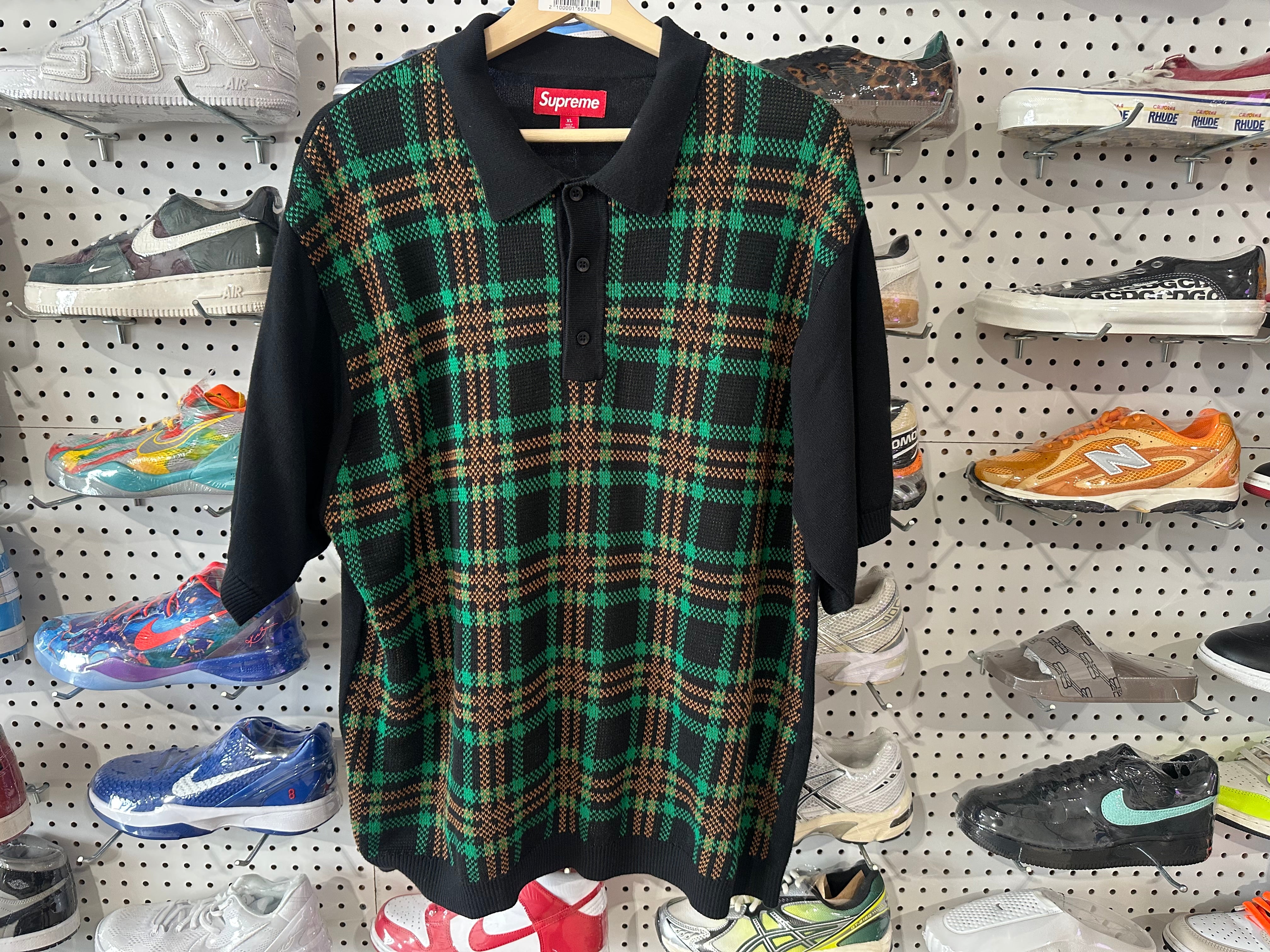USED Supreme Plaid Knit SS Polo - Black Size XL