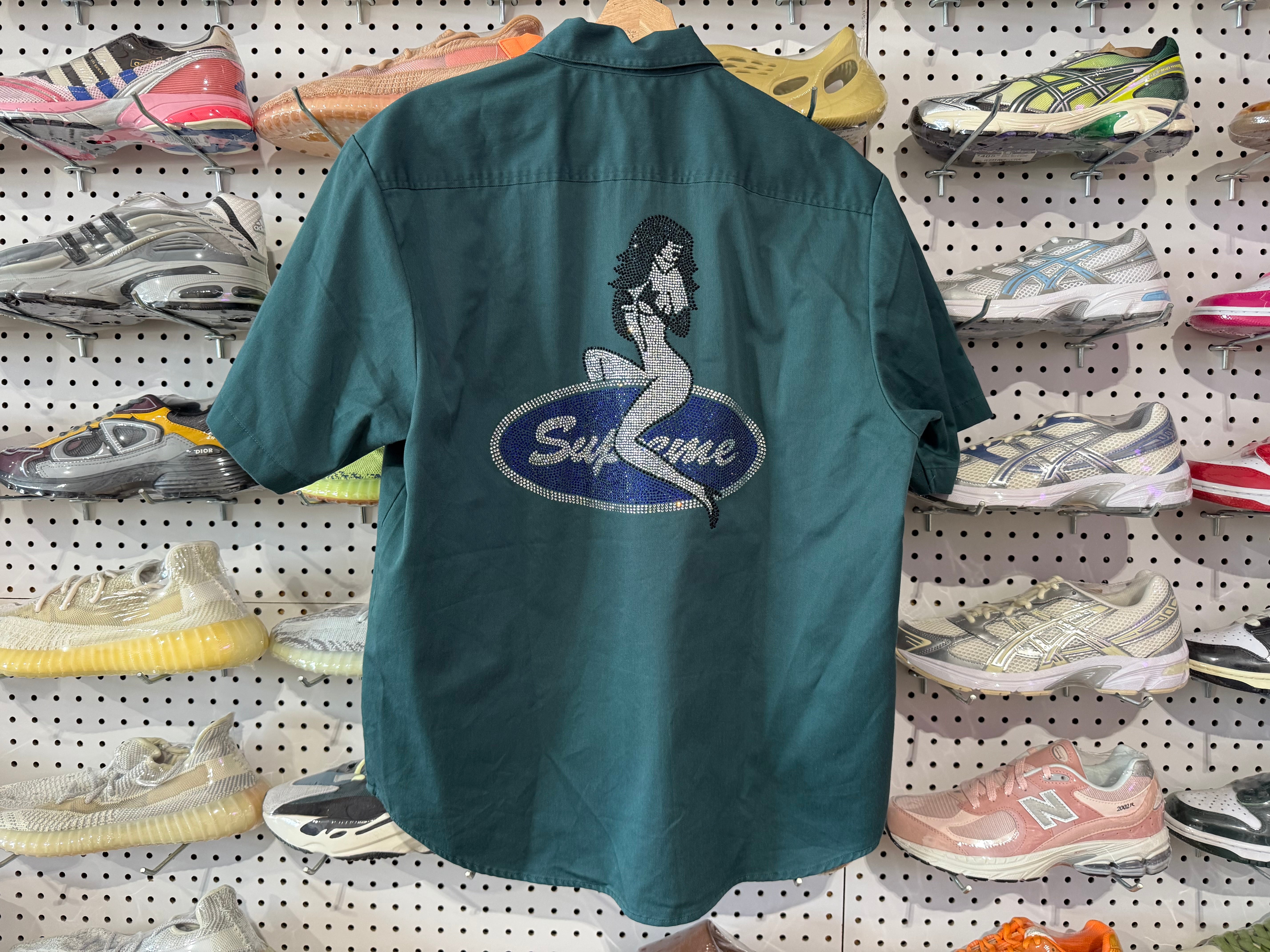 NEW Supreme Rhinestone Pin Up S/S Work Shirt - Green Size Medium