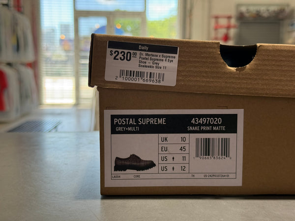 Dr. Martens x Supreme Postal Supreme 4 Eye Shoe - Grey Snakeskin Size 11