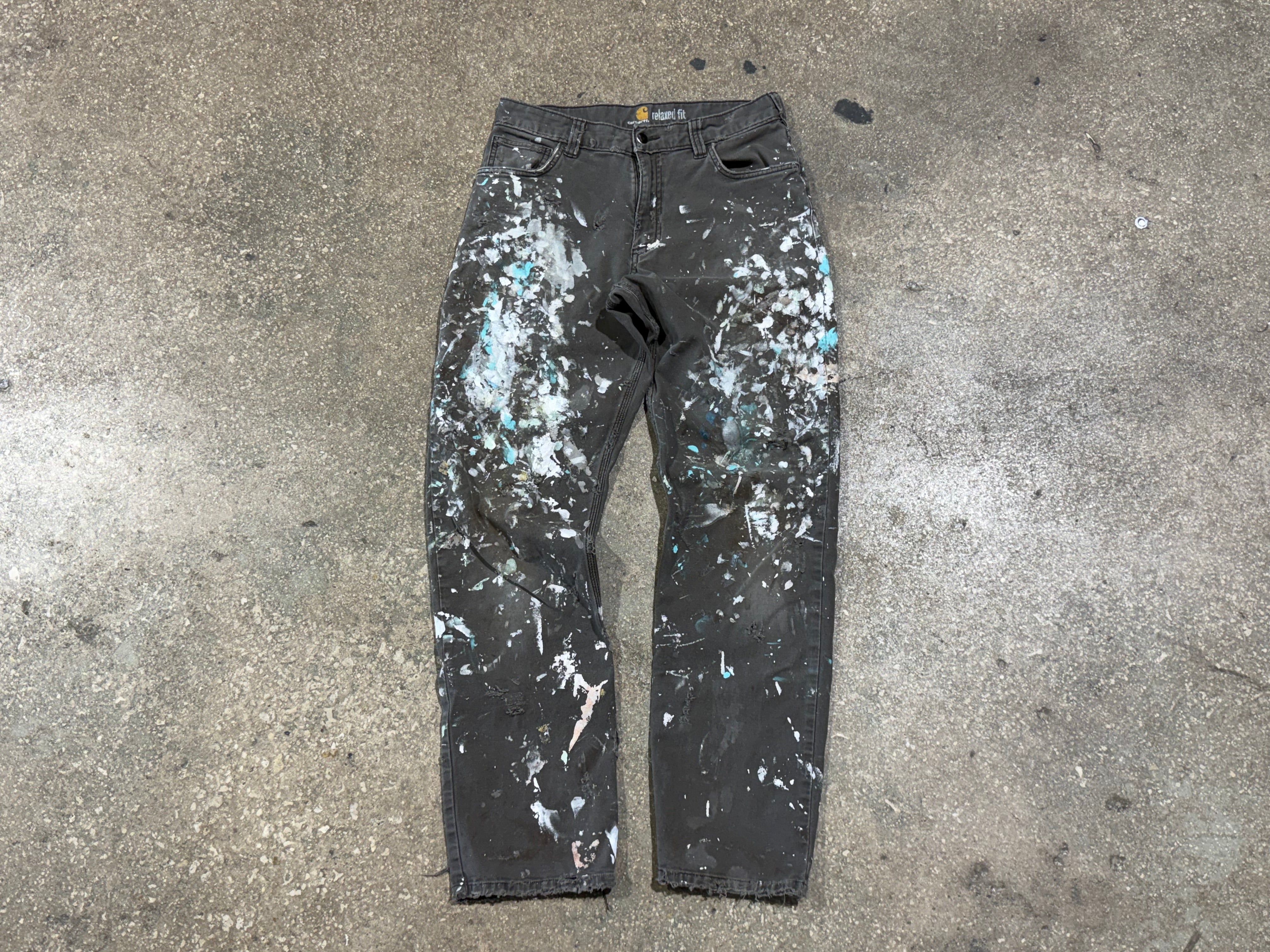 USED Distressed Carhartt Paint Splatter Pants - Grey Size 30x31