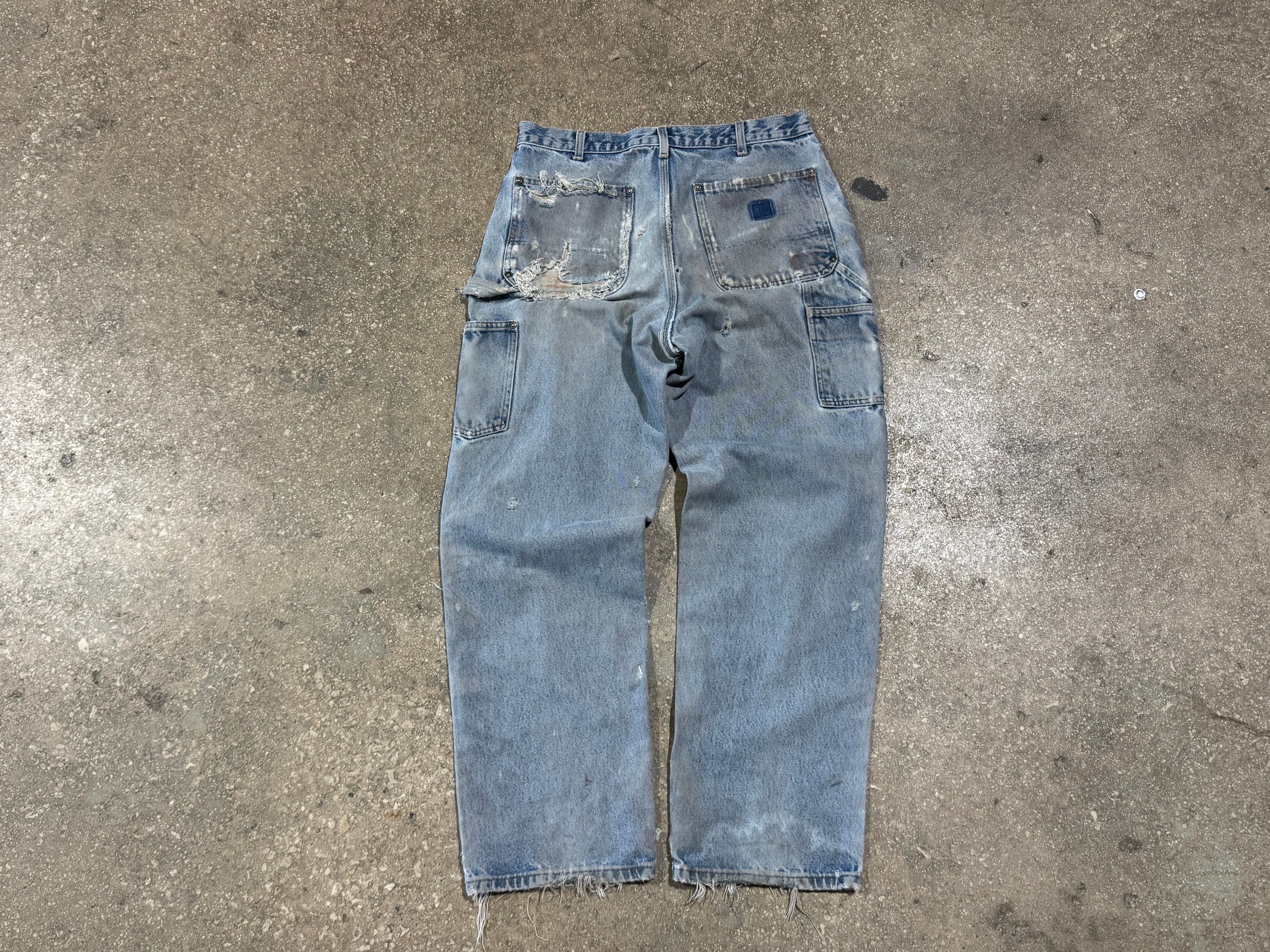 USED Carhartt Distressed Double Knee Denim - Light Wash Size 34x31