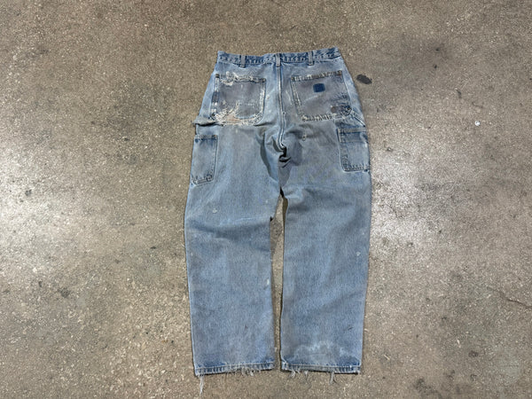 USED Carhartt Distressed Double Knee Denim - Light Wash Size 34x31