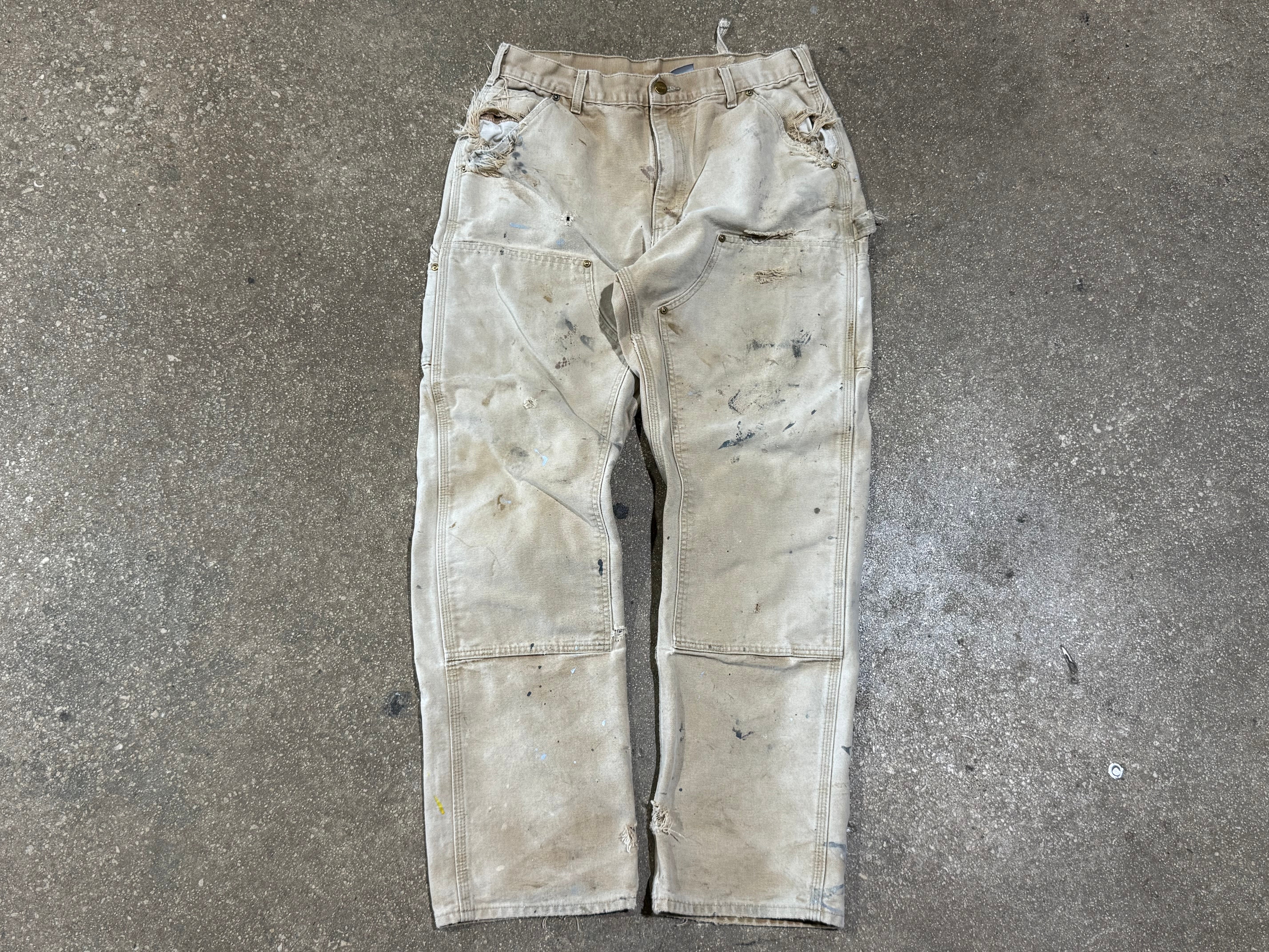 USED Distressed Carharrt Double Knee Pants - Faded Khaki Size 33x31