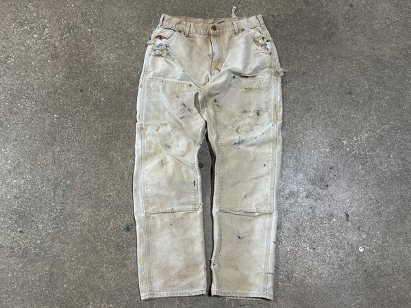 USED Distressed Carharrt Double Knee Pants - Faded Khaki Size 33x31