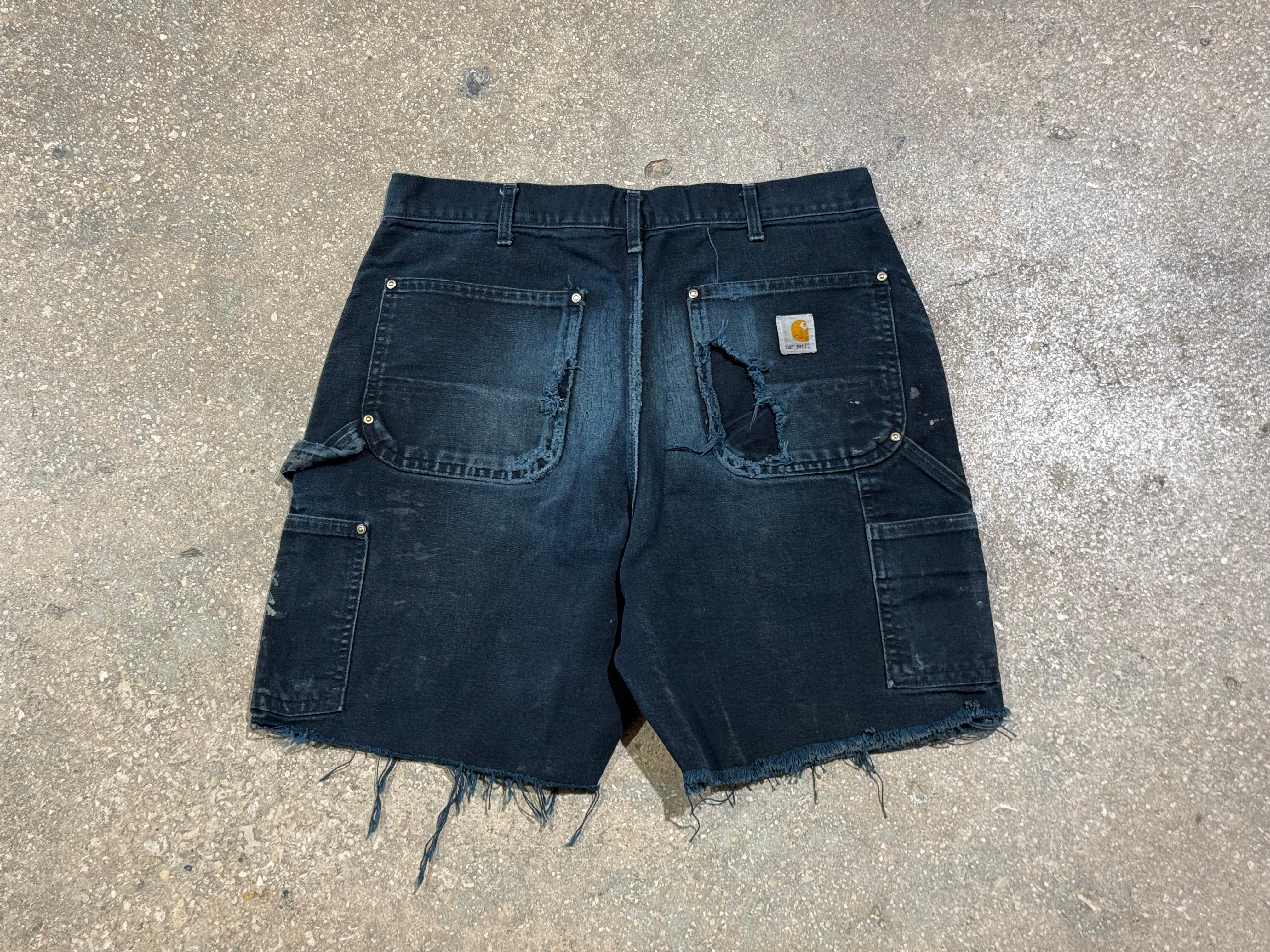 USED Distressed Carhartt Double Knee Shorts - Black Size 34