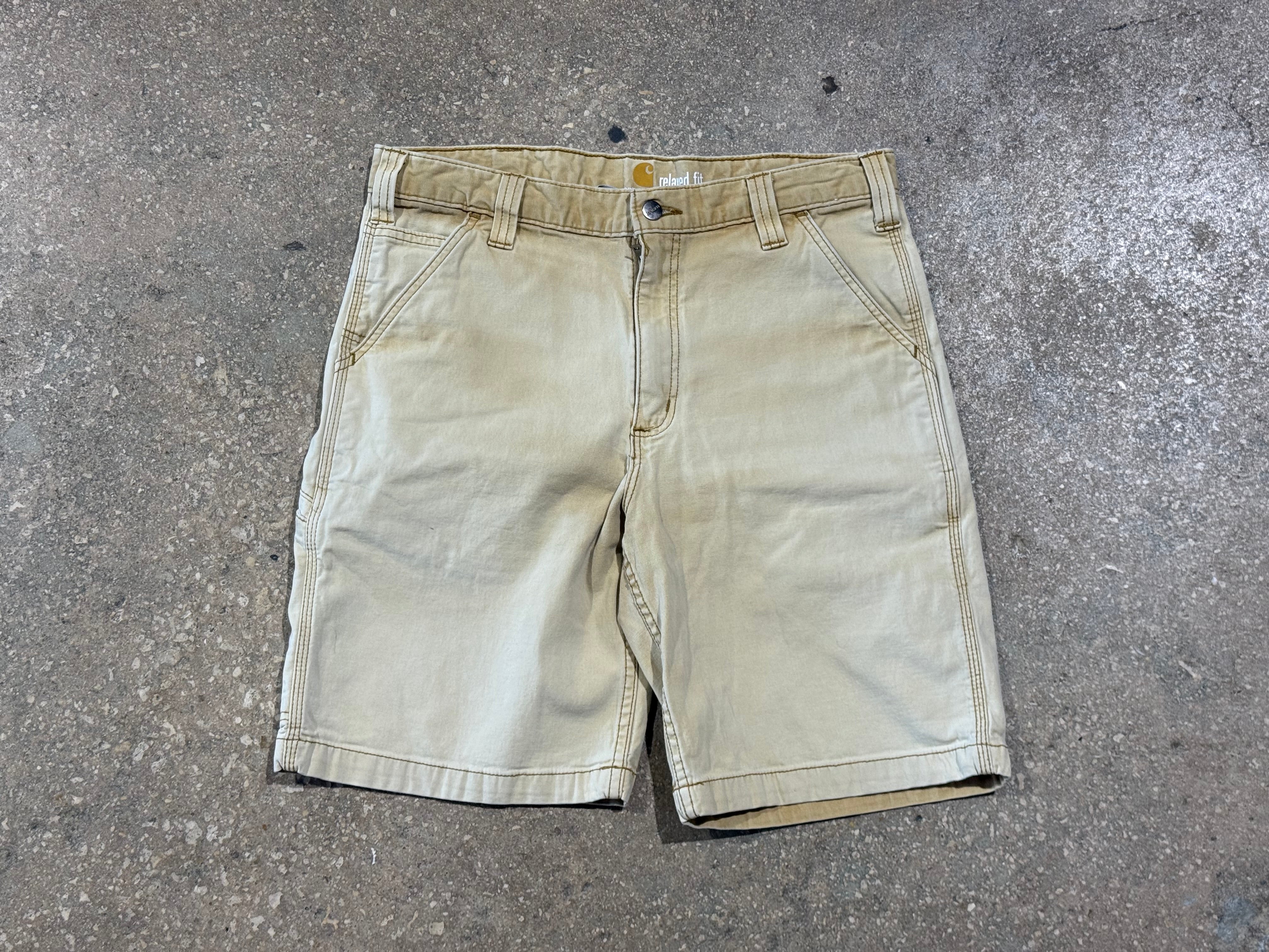 USED Carhartt Distressed Shorts - Faded Khaki Size 34