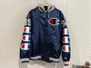USED Supreme Champion Hooded Satin Varsity Jacket - Navy Size Medium