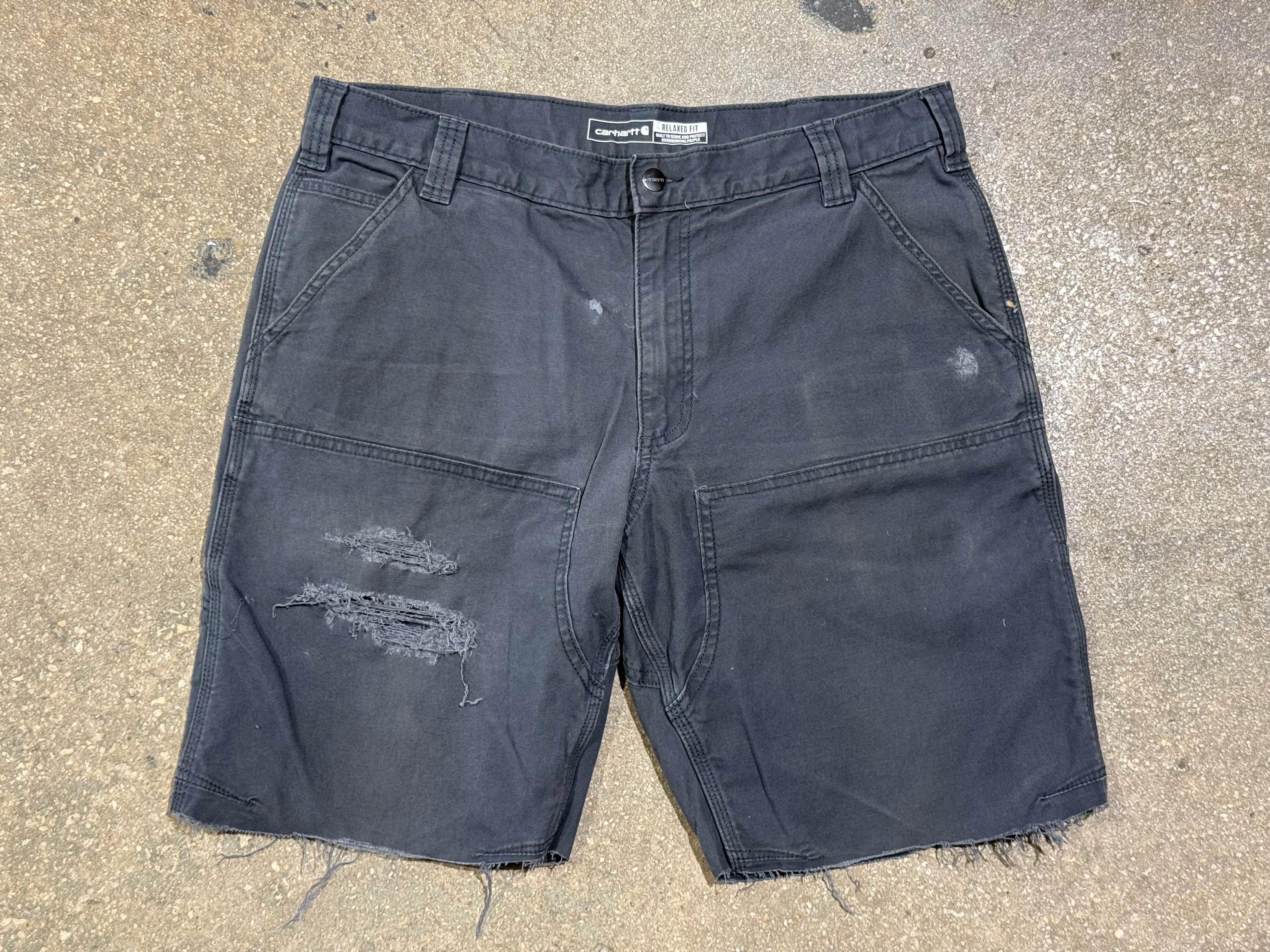 USED Distressed Carhartt Double Knee Shorts - Dark Grey Size 36