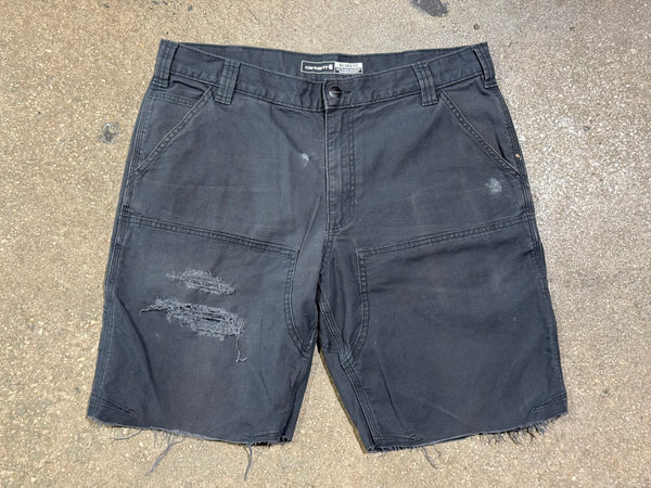USED Distressed Carhartt Double Knee Shorts - Dark Grey Size 36