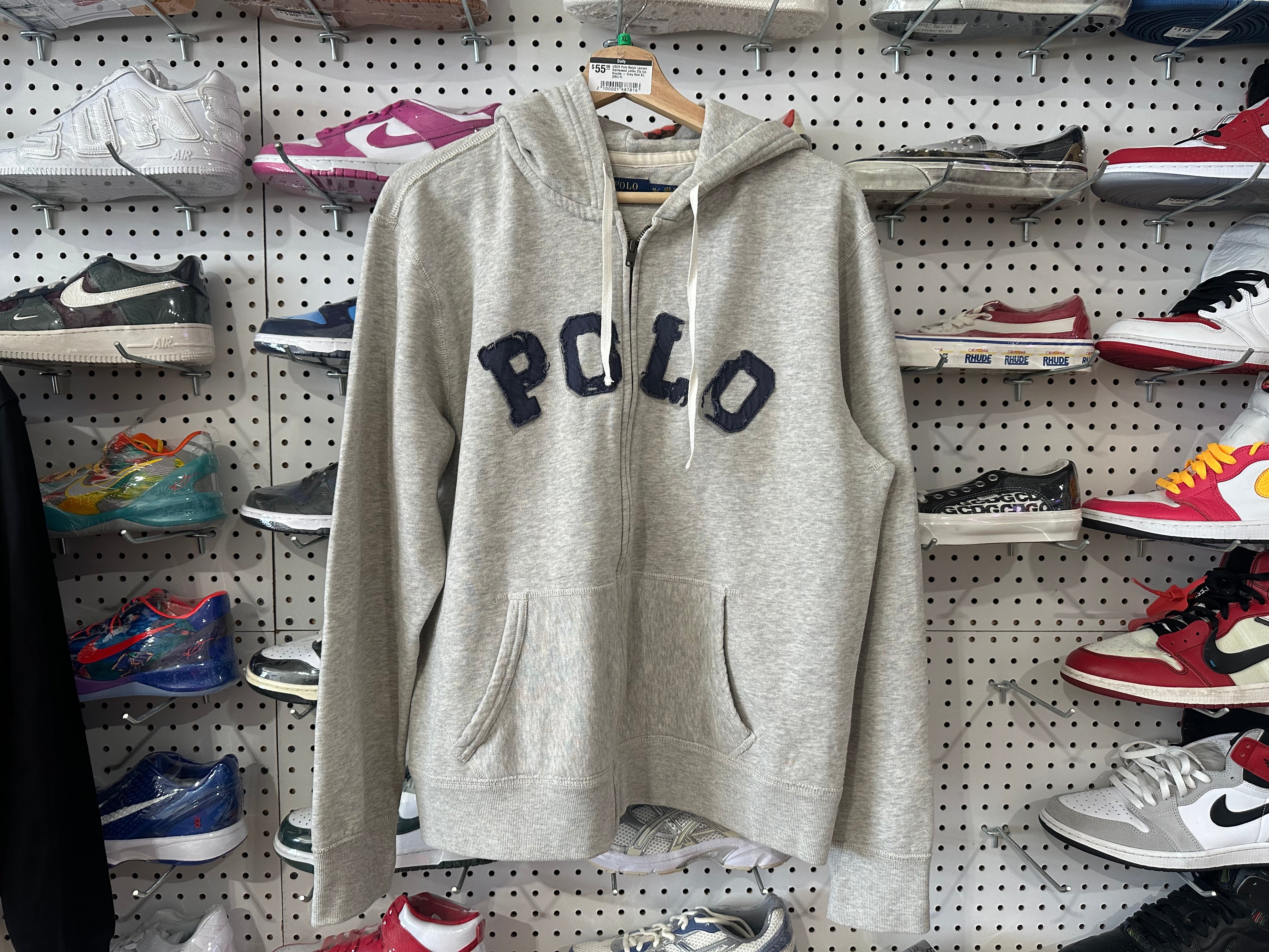 USED Polo Ralph Lauren Distressed Letter Zip Up Hoodie - Grey Size XL