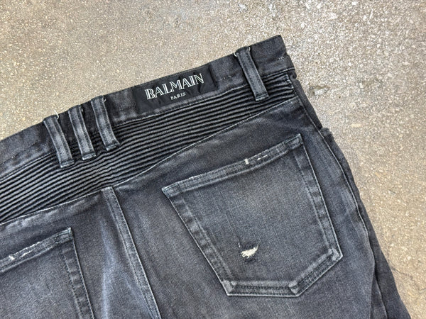 USED Balmain Denim Biker Jeans - Charcoal Size 30