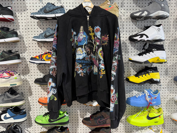 USED Righteous Risen King Cropped Zip Up Hoodie - Black Size XL
