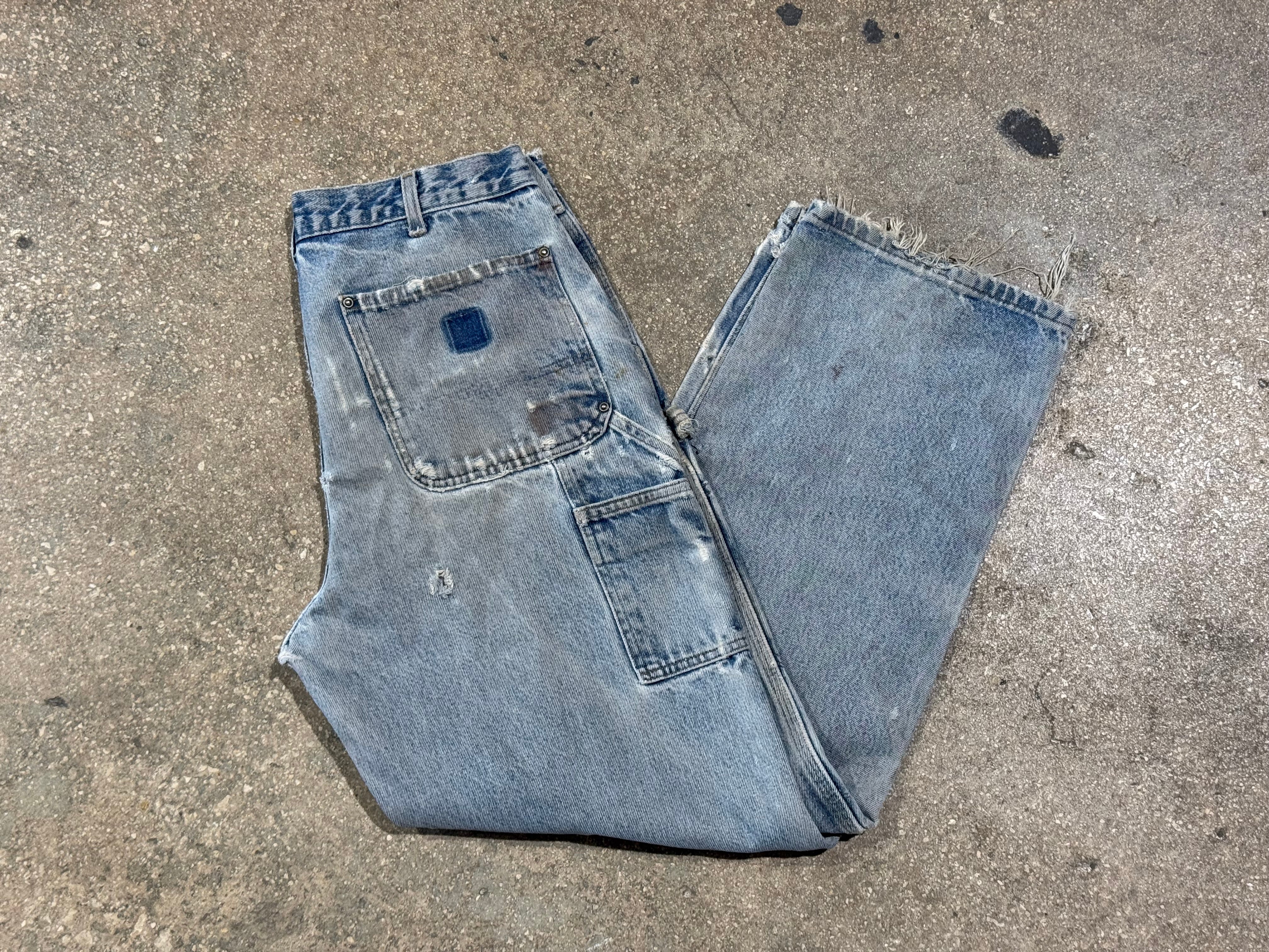 USED Carhartt Distressed Double Knee Denim - Light Wash Size 34x31