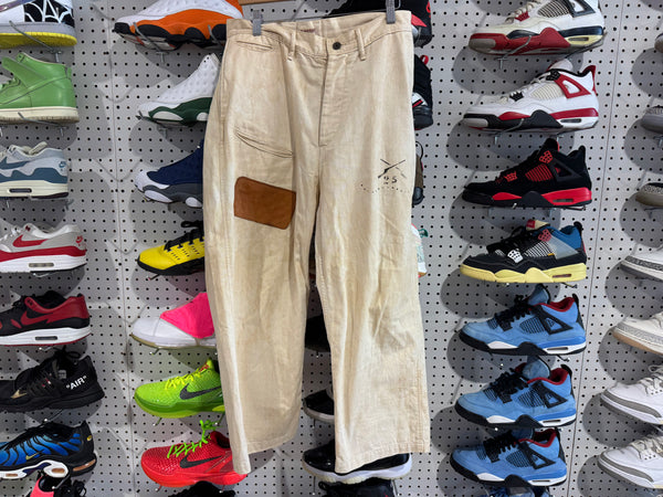 USED Kapital Cinch Back Leather Patchwork Pants - Cream Size 3/Large