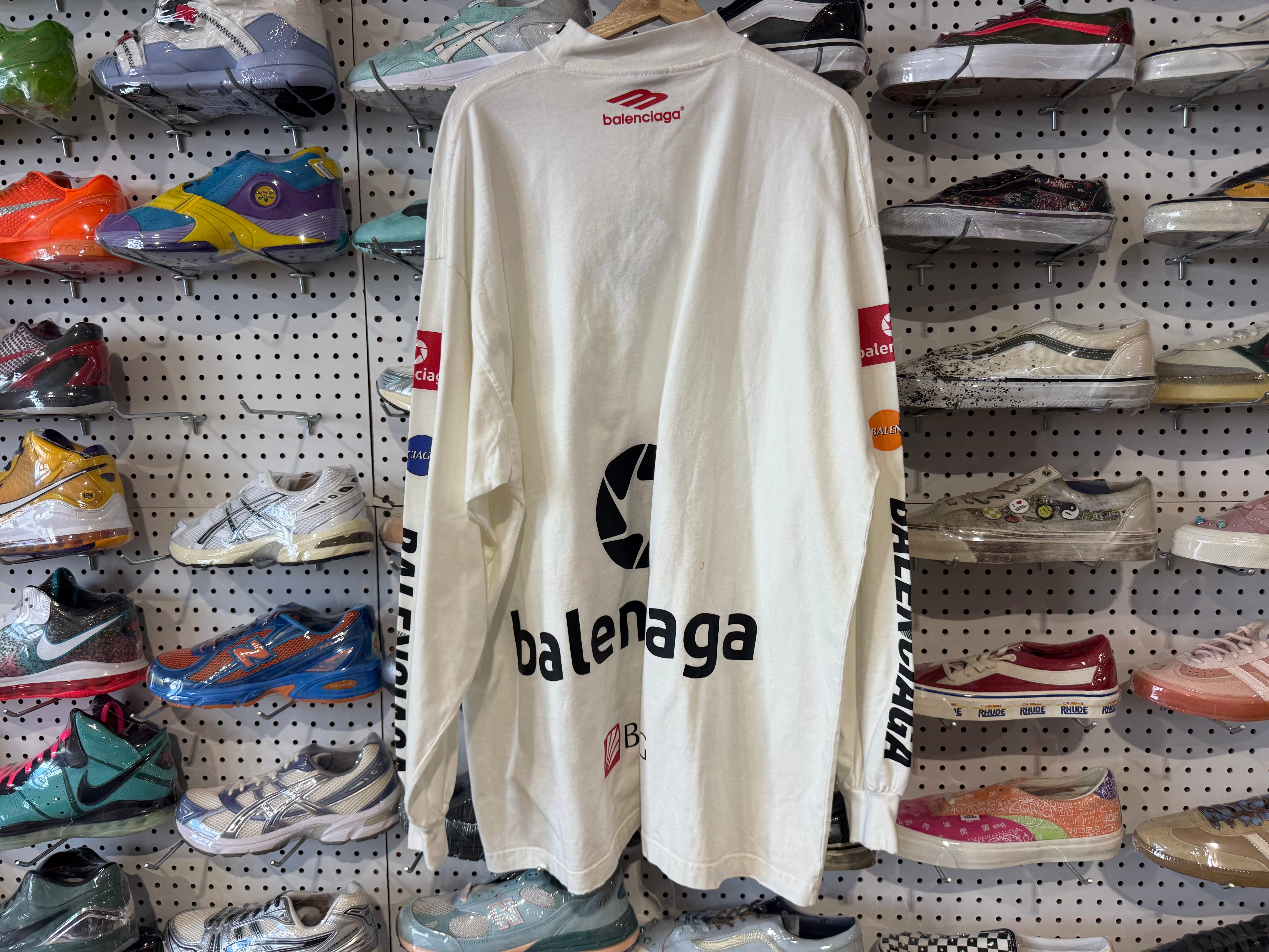 NEW Balenciaga Moc Neck LS Multi Logo Shirt - White Size 3/XXL