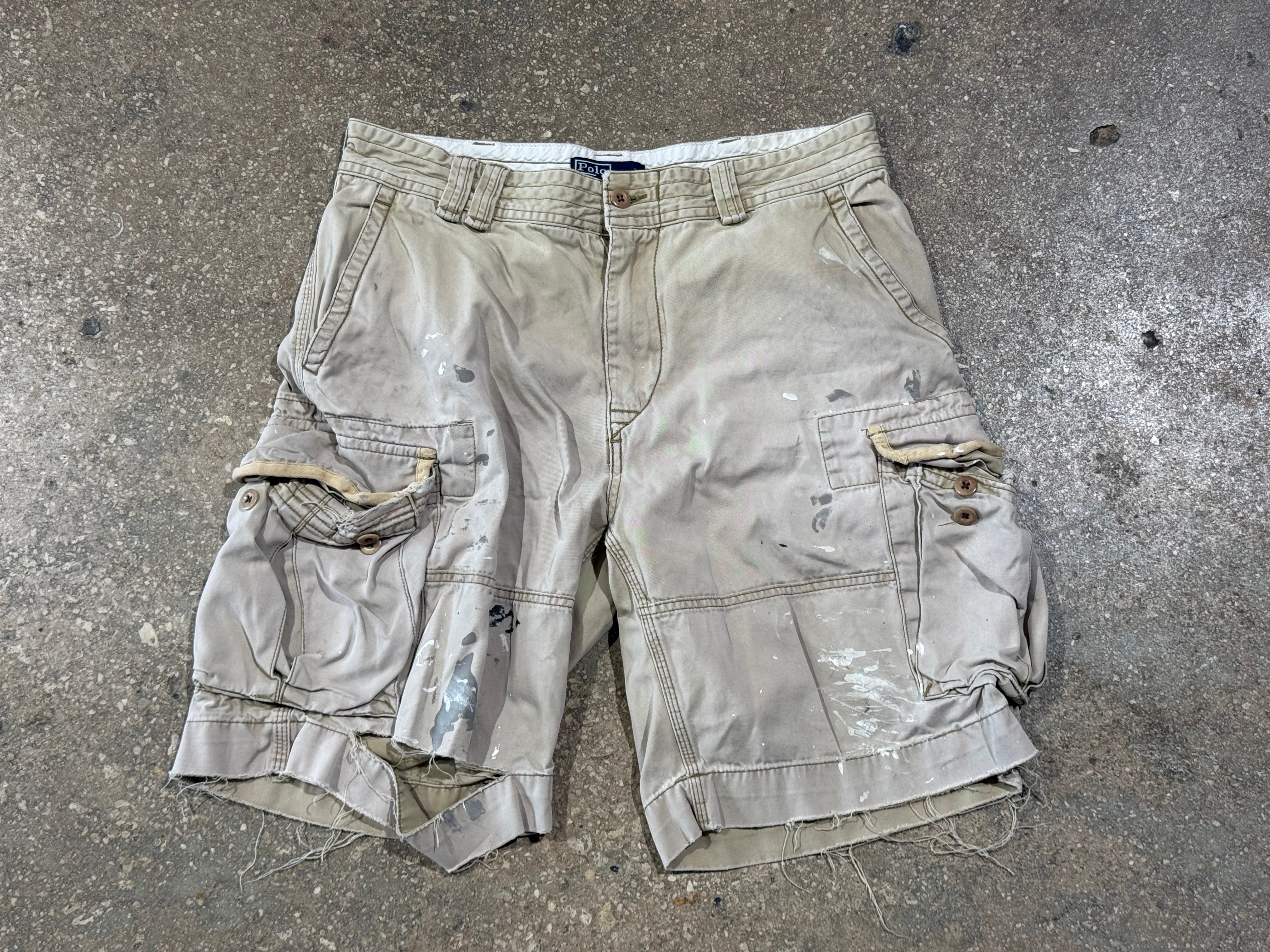 USED Distressed Polo Ralph Lauren Cargo Shorts - Khaki Size 35