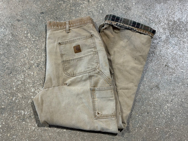 USED Carharrt Distressed Plaid Lined Carpenter Pants - Khaki Size 34x30
