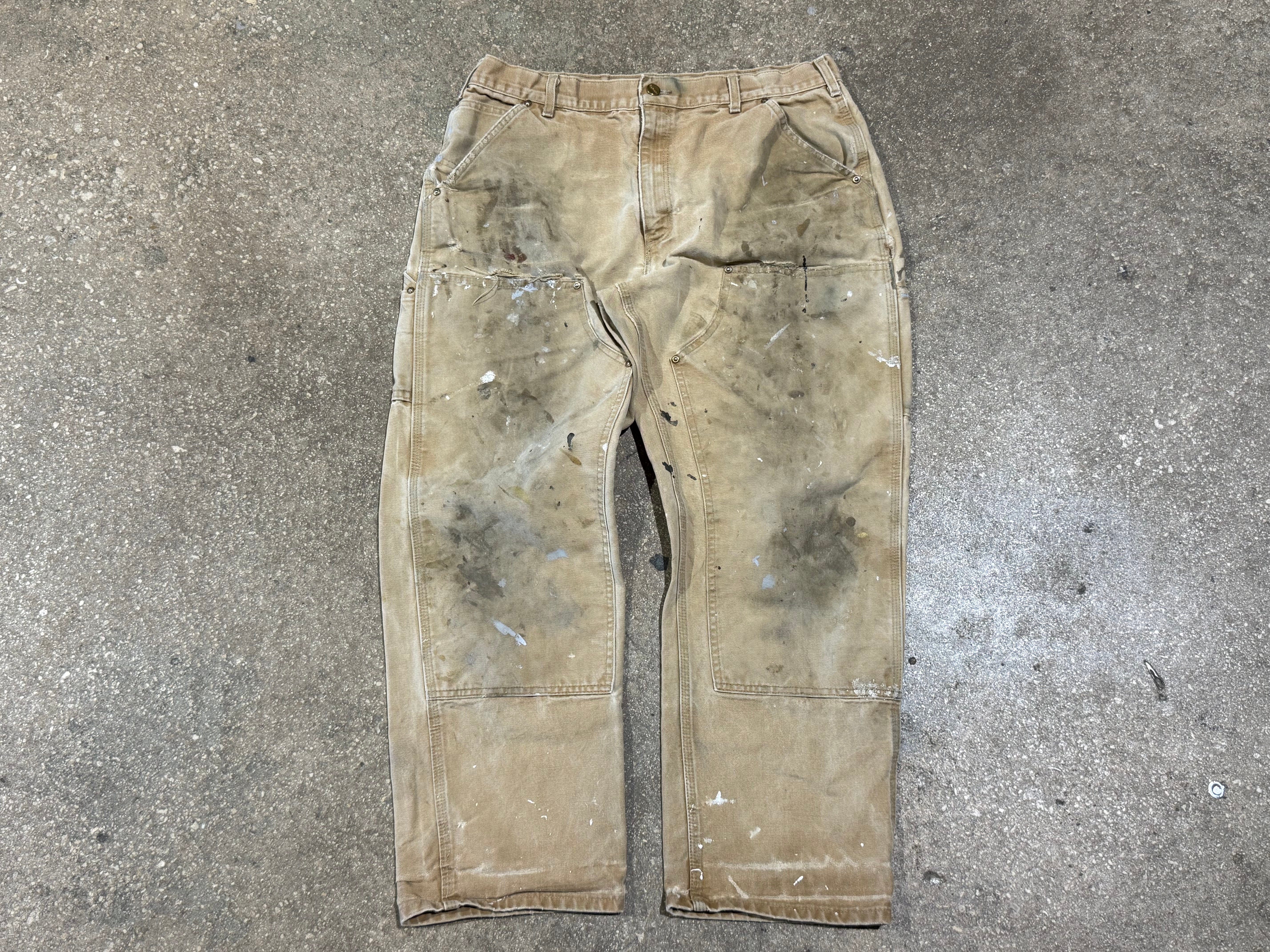 USED Distressed Carhartt Double Knee Carpenter Pants - Faded Khaki Size 36x29