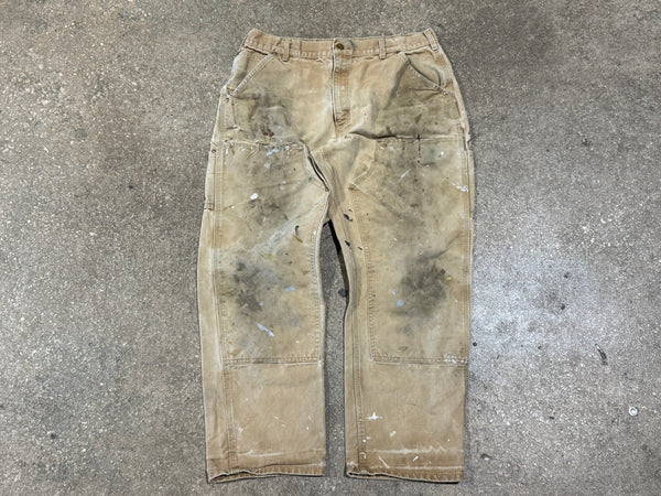USED Distressed Carhartt Double Knee Carpenter Pants - Faded Khaki Size 36x29