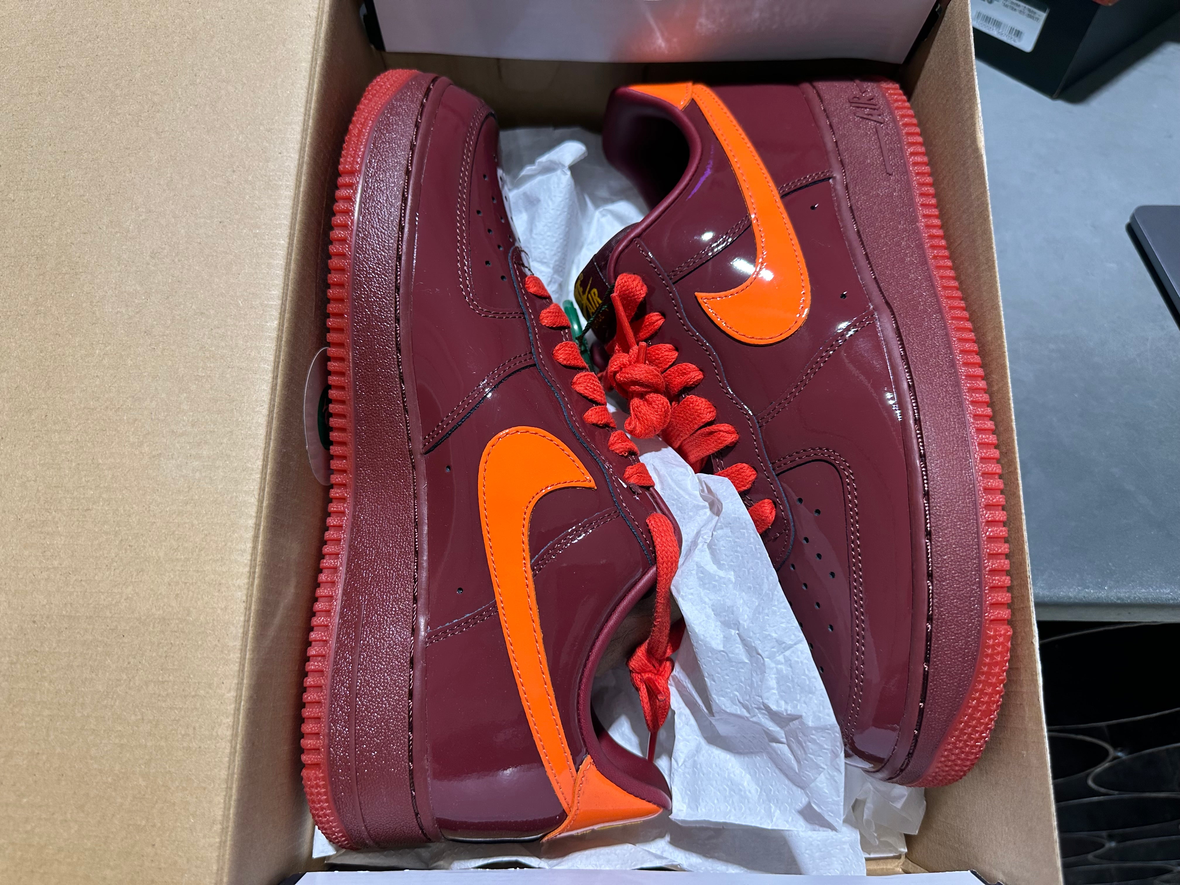 Nike Air Force 1 Low Patent Leather - Dark Team Red Safety Orange Size 9