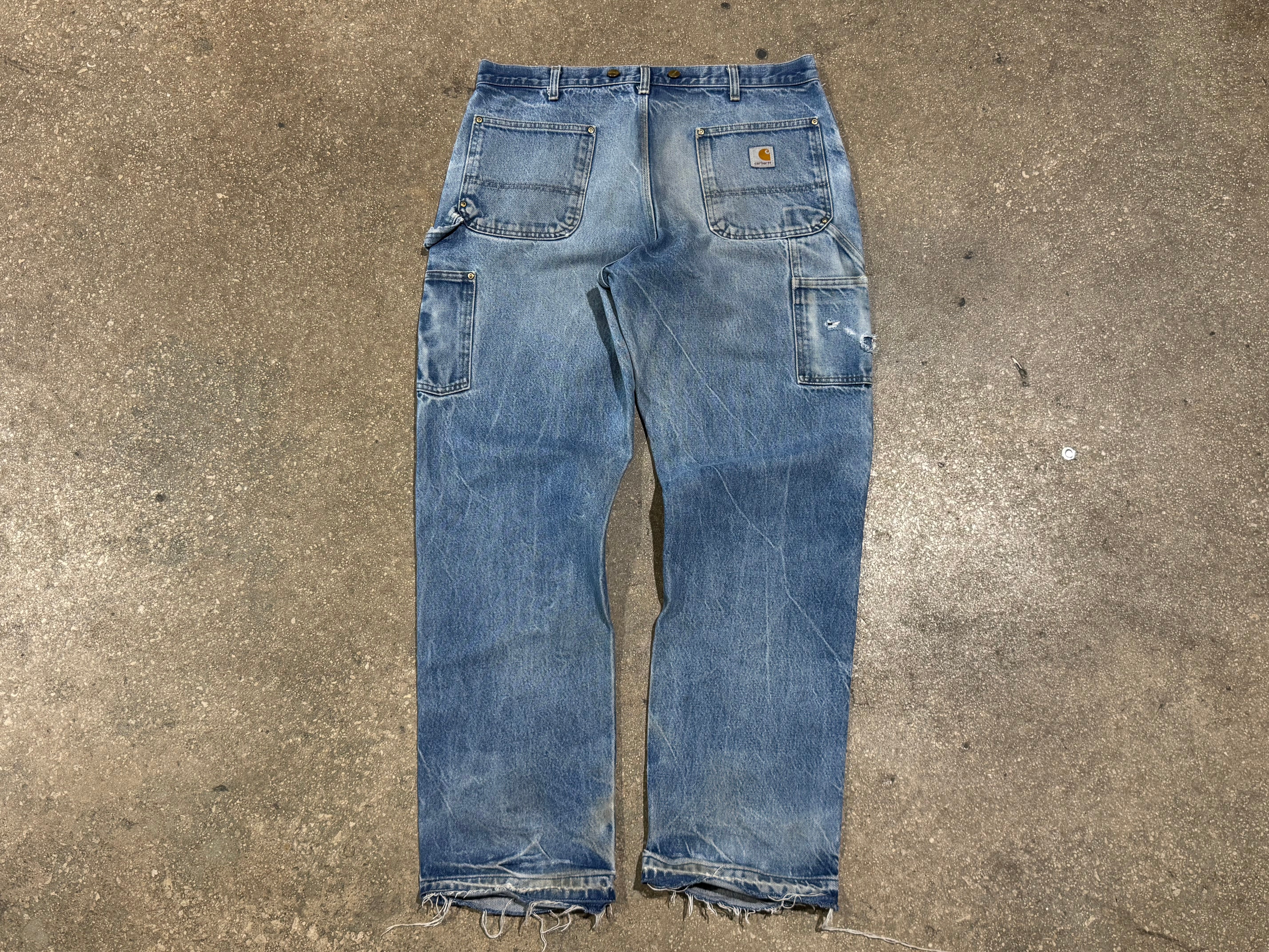 USED Carhartt Distressed Double Knee Denim Pants - Light Wash Size 36x33