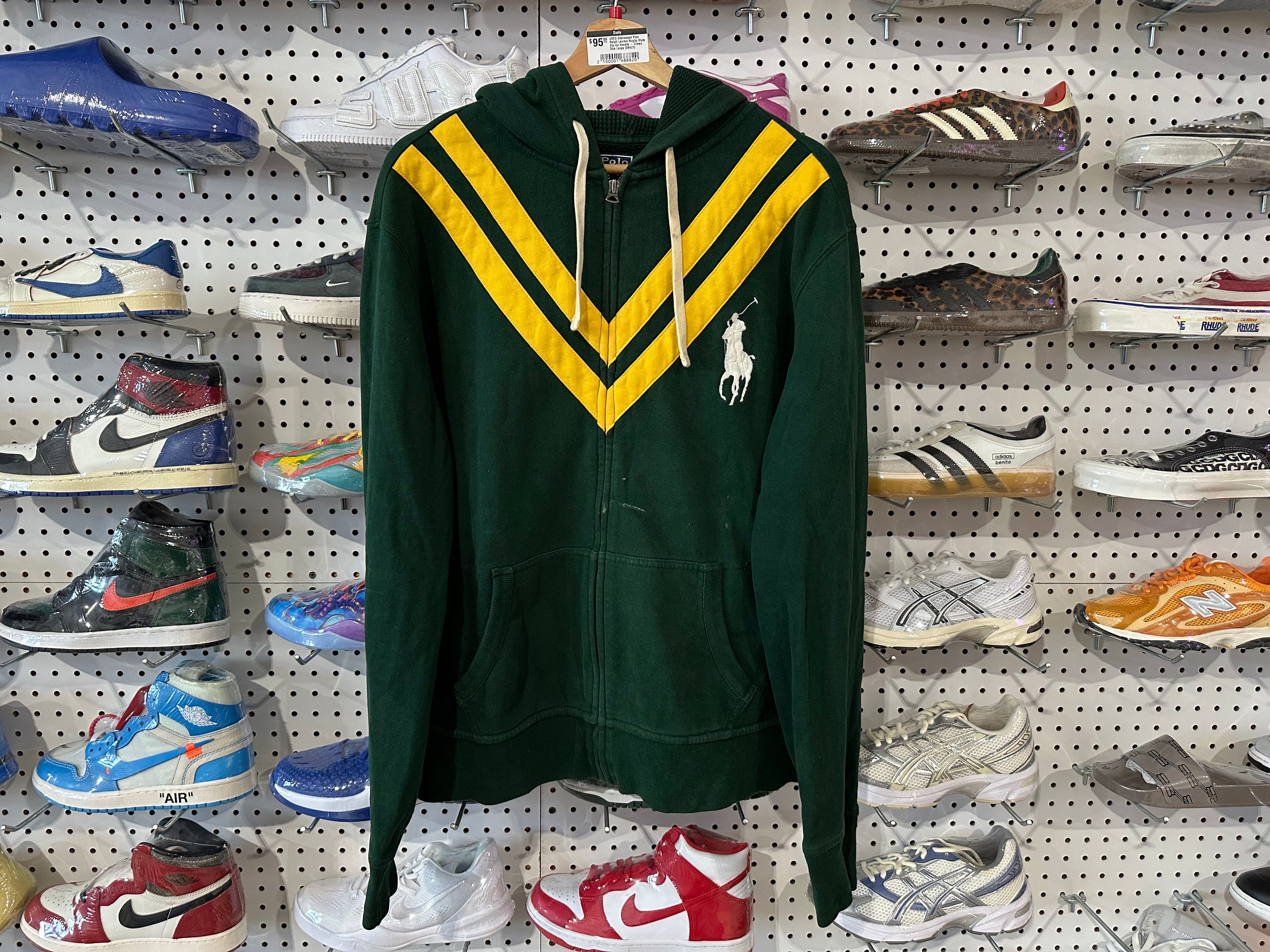 USED Distressed Polo Ralph Lauren Rugby Style Zip Up Hoodie - Green Size Large