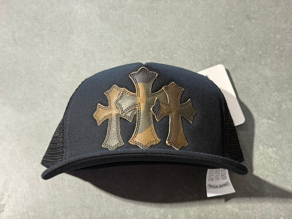 NEW Chrome Hearts Triple Cross Leather Patch Trucker - Black/Camo