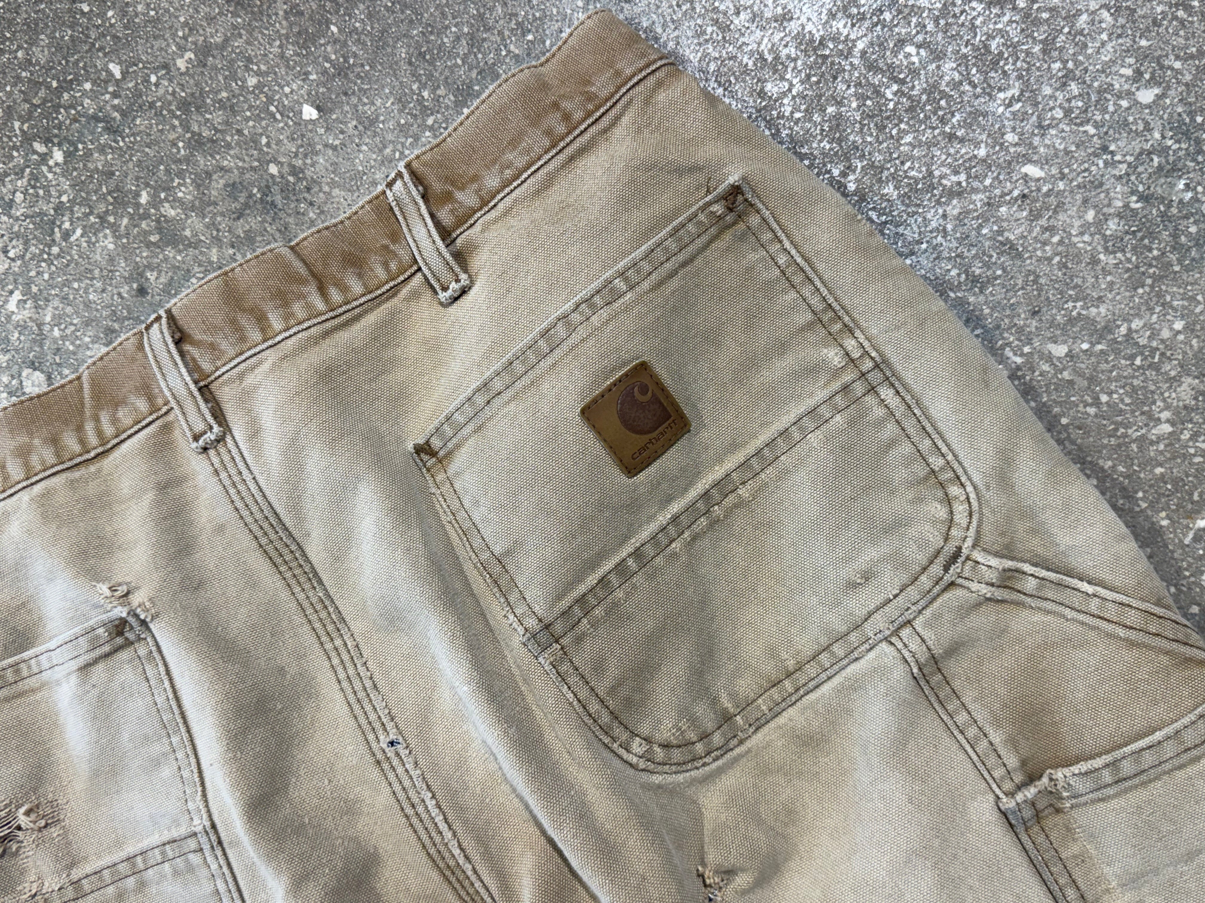 USED Carharrt Distressed Plaid Lined Carpenter Pants - Khaki Size 34x30