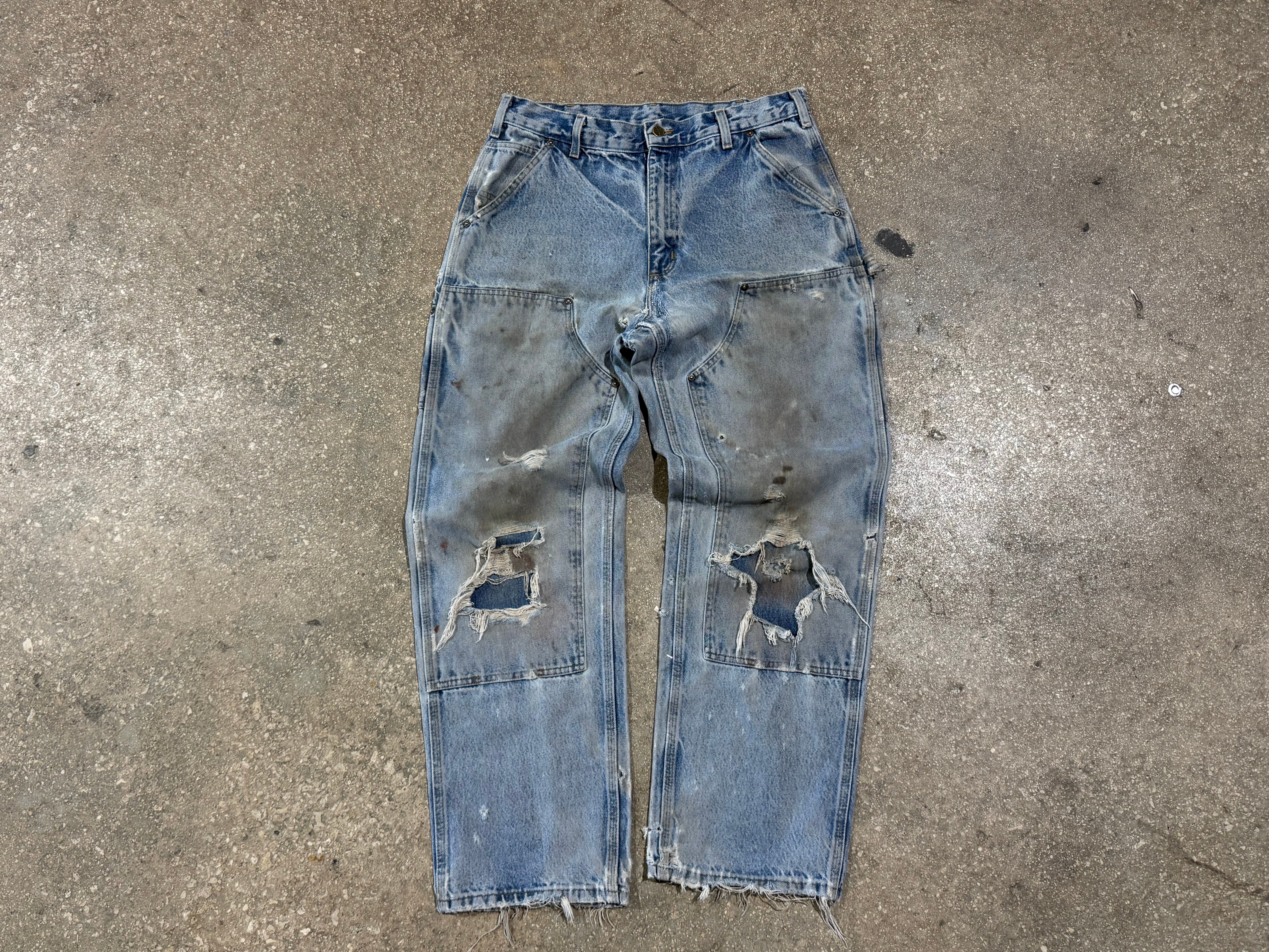 USED Carhartt Distressed Double Knee Denim - Light Wash Size 34x31