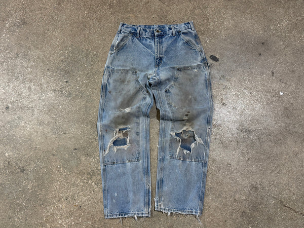 USED Carhartt Distressed Double Knee Denim - Light Wash Size 34x31