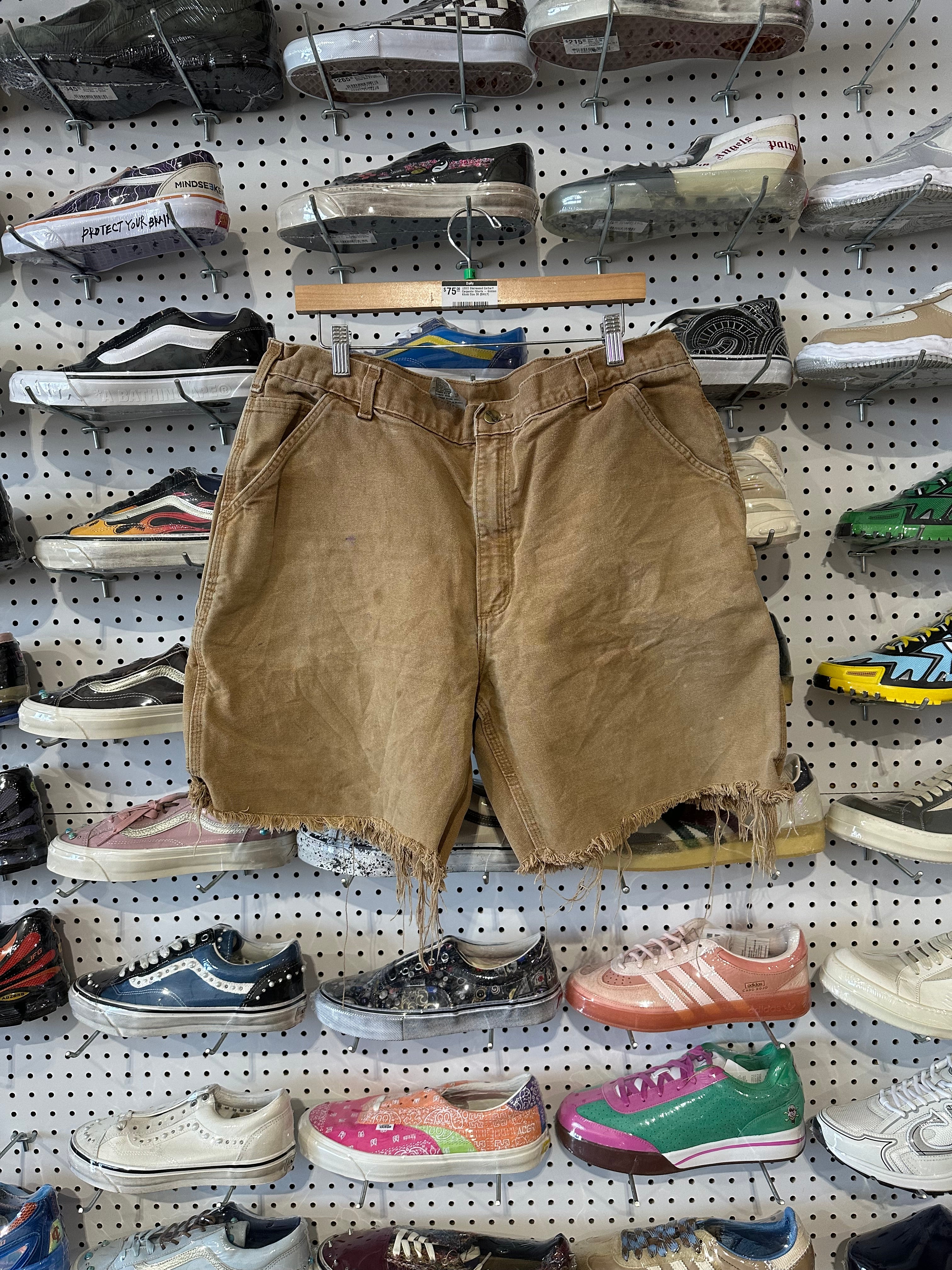 USED Distressed Carhartt Carpenter Shorts - Golden Khaki Size 38