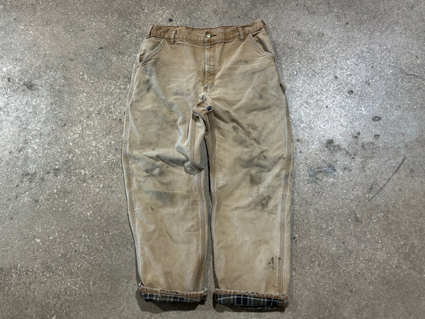 USED Carharrt Distressed Plaid Lined Carpenter Pants - Khaki Size 34x30