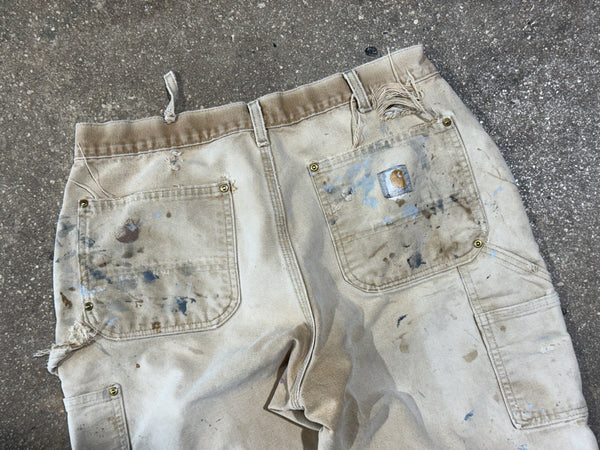 USED Distressed Carharrt Double Knee Pants - Faded Khaki Size 33x31
