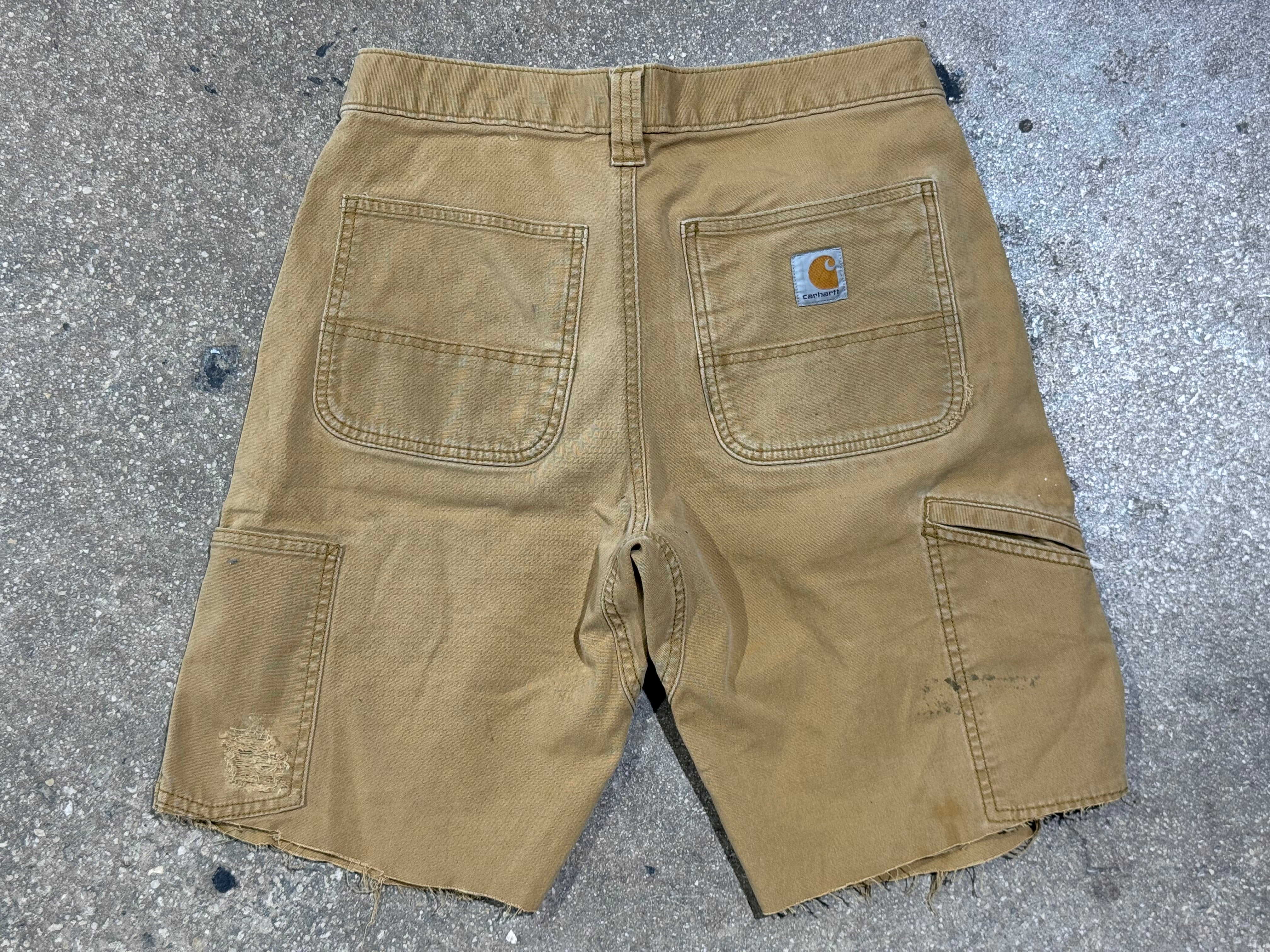USED Distressed Carhartt Double Knee Shorts - Golden Khaki Size 30