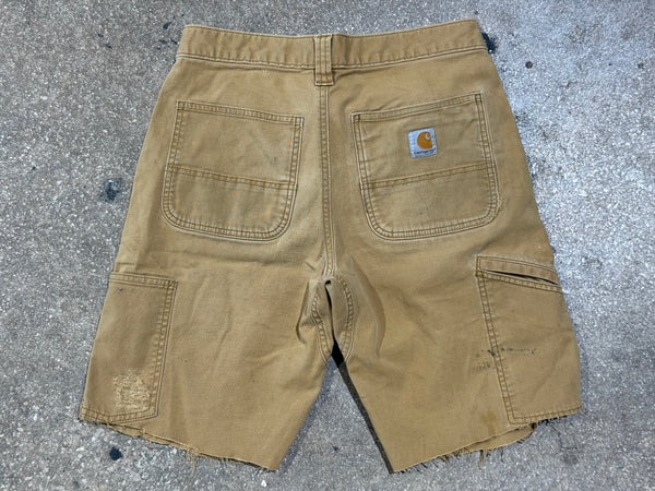 USED Distressed Carhartt Double Knee Shorts - Golden Khaki Size 30