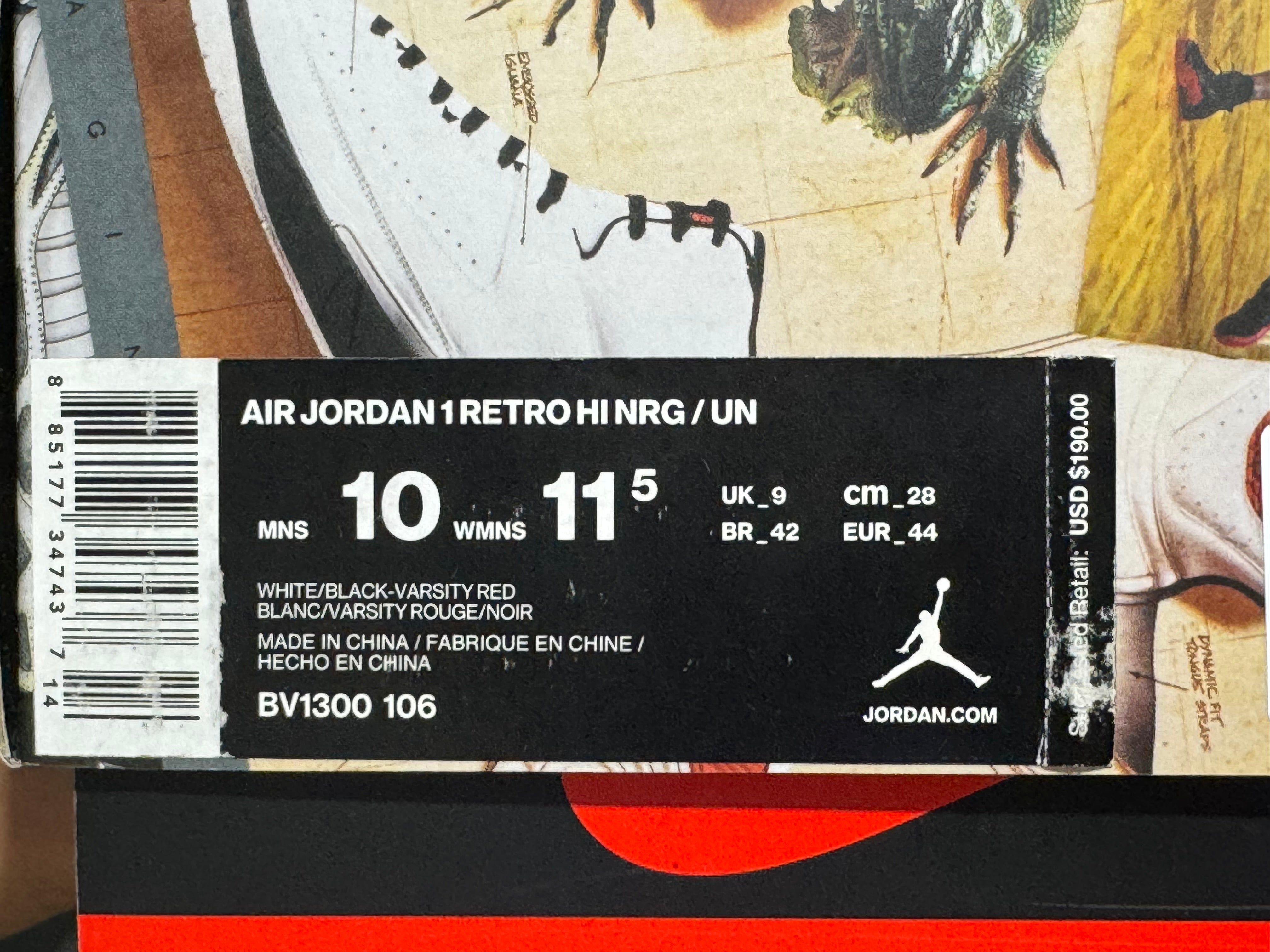 Air Jordan 1 Retro Hi NRG / Union - Black Toe Size 10