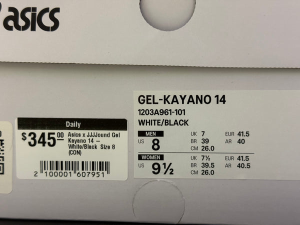 Asics x JJJJound Gel Kayano 14 - White/Black Size 8