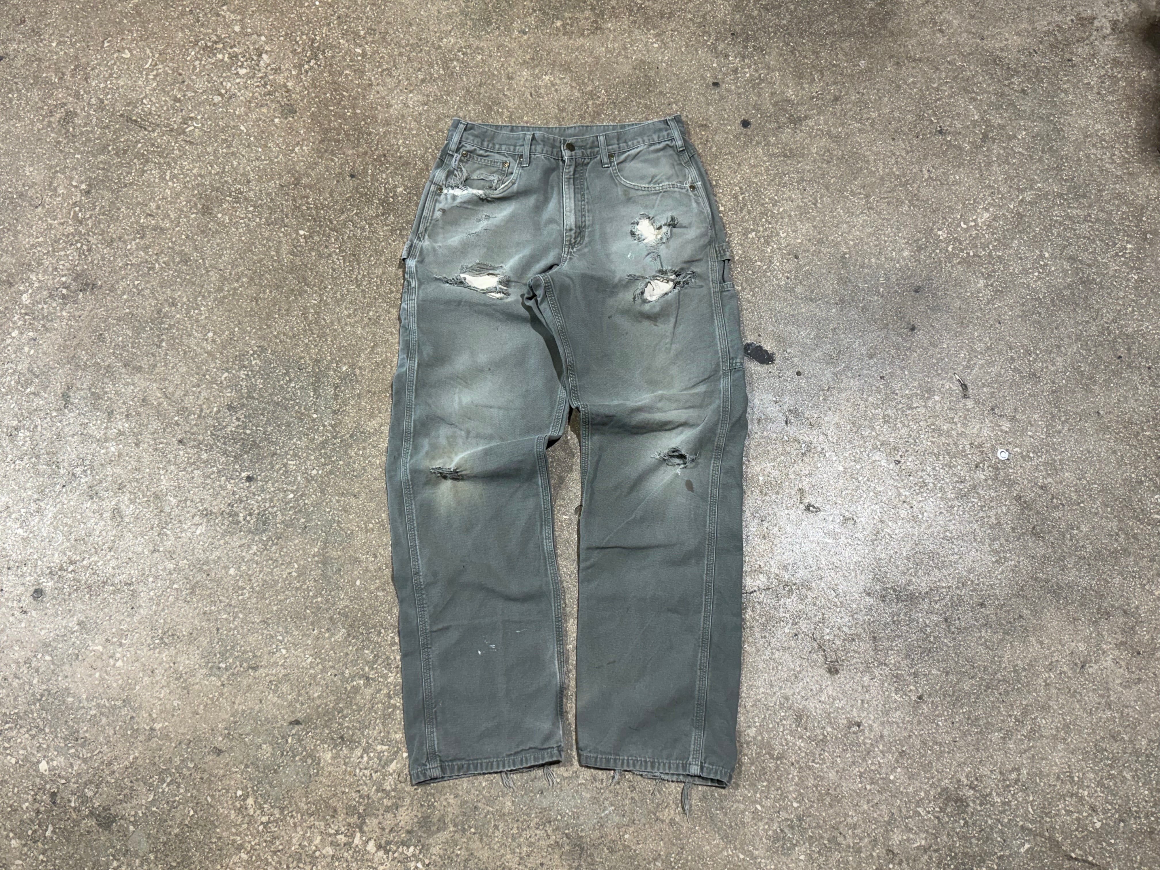 USED Distressed Carhartt Carpenter Pants - Olive Size 32x33