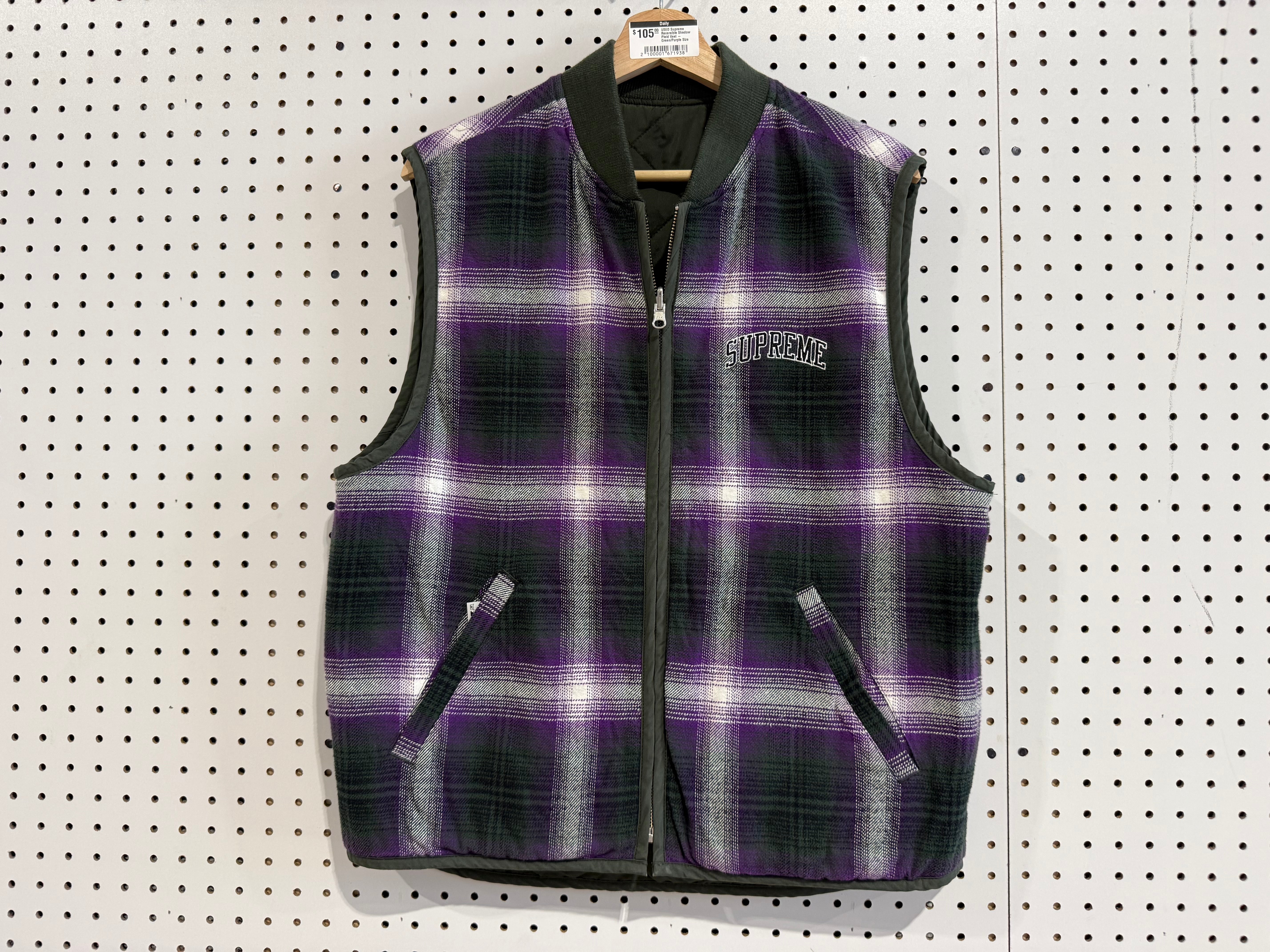 USED Supreme Reversible Shadow Plaid Vest - Green/Purple Size Medium