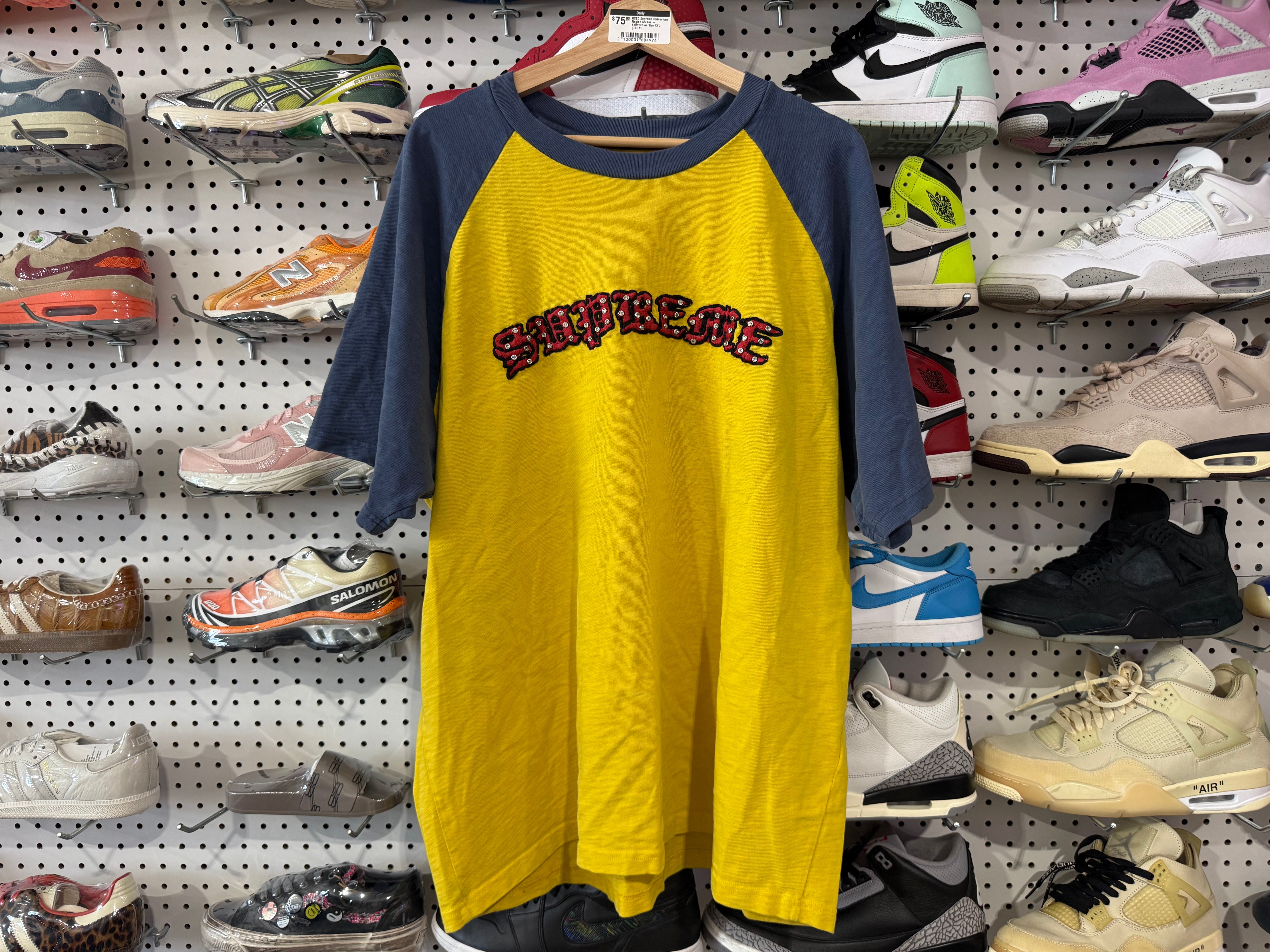 USED Supreme Rhinestone Raglan SS Tee - Yellow/Blue Size XXL